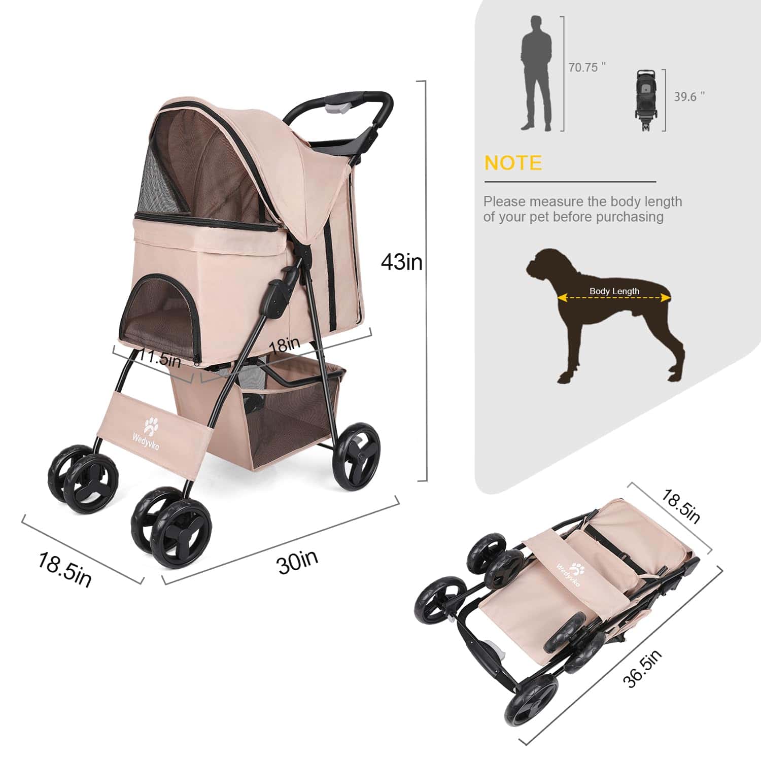Carriola para Perros, Cuatro Ruedas Carrito para Gatos y - Imagen 3