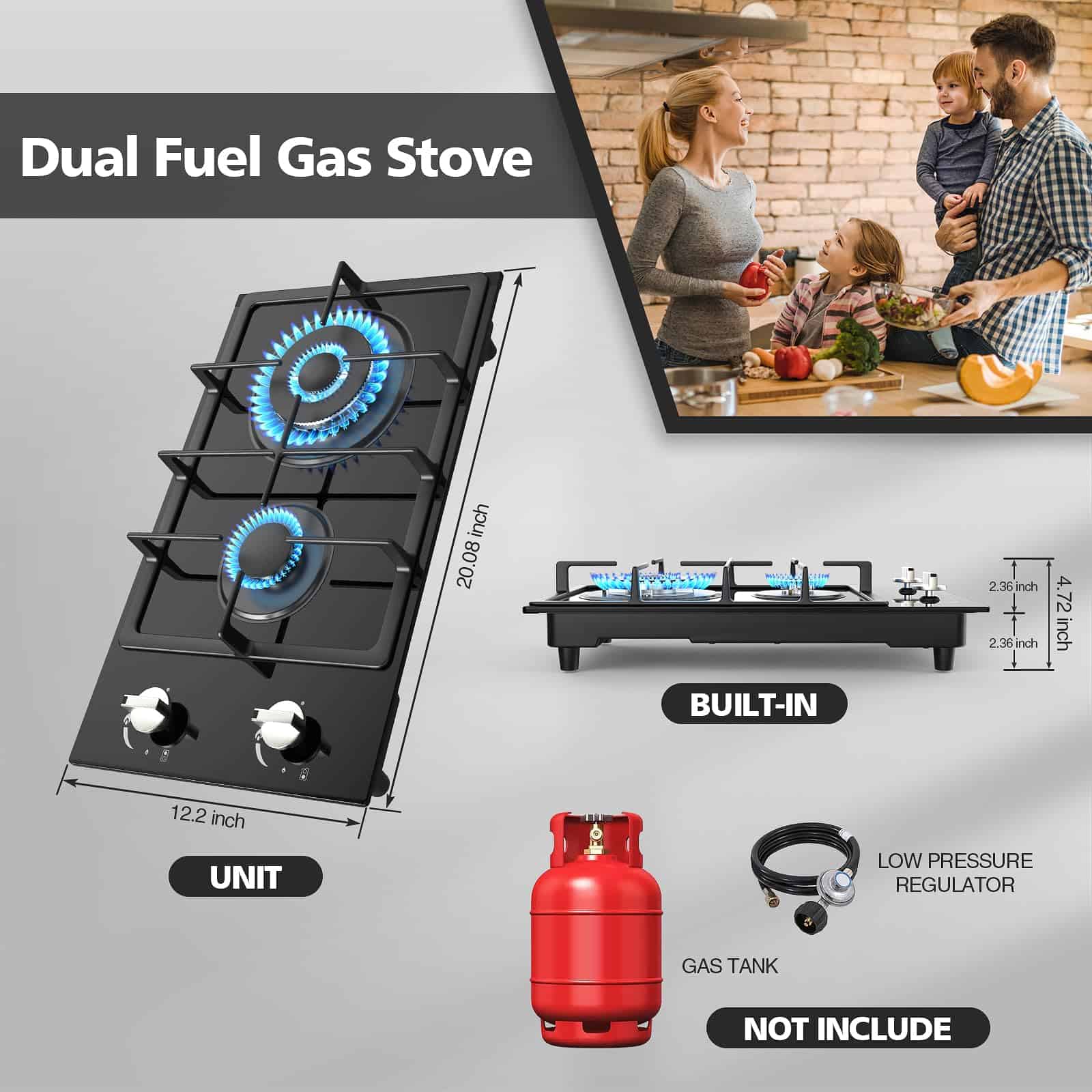 Estufa de gas de 2 quemadores, cocina de propano de 12 - Imagen 4