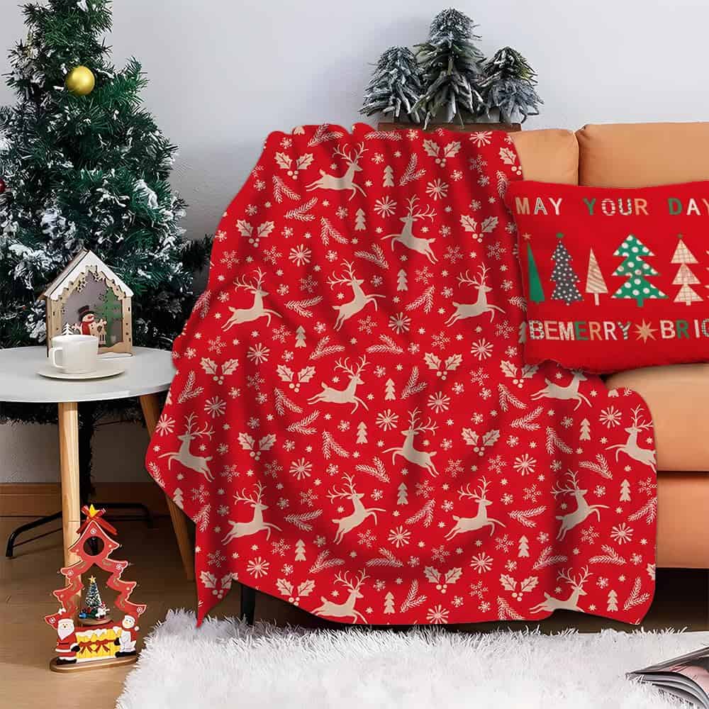 Manta de Franela con Renos Rojos para Navidad Super Suave