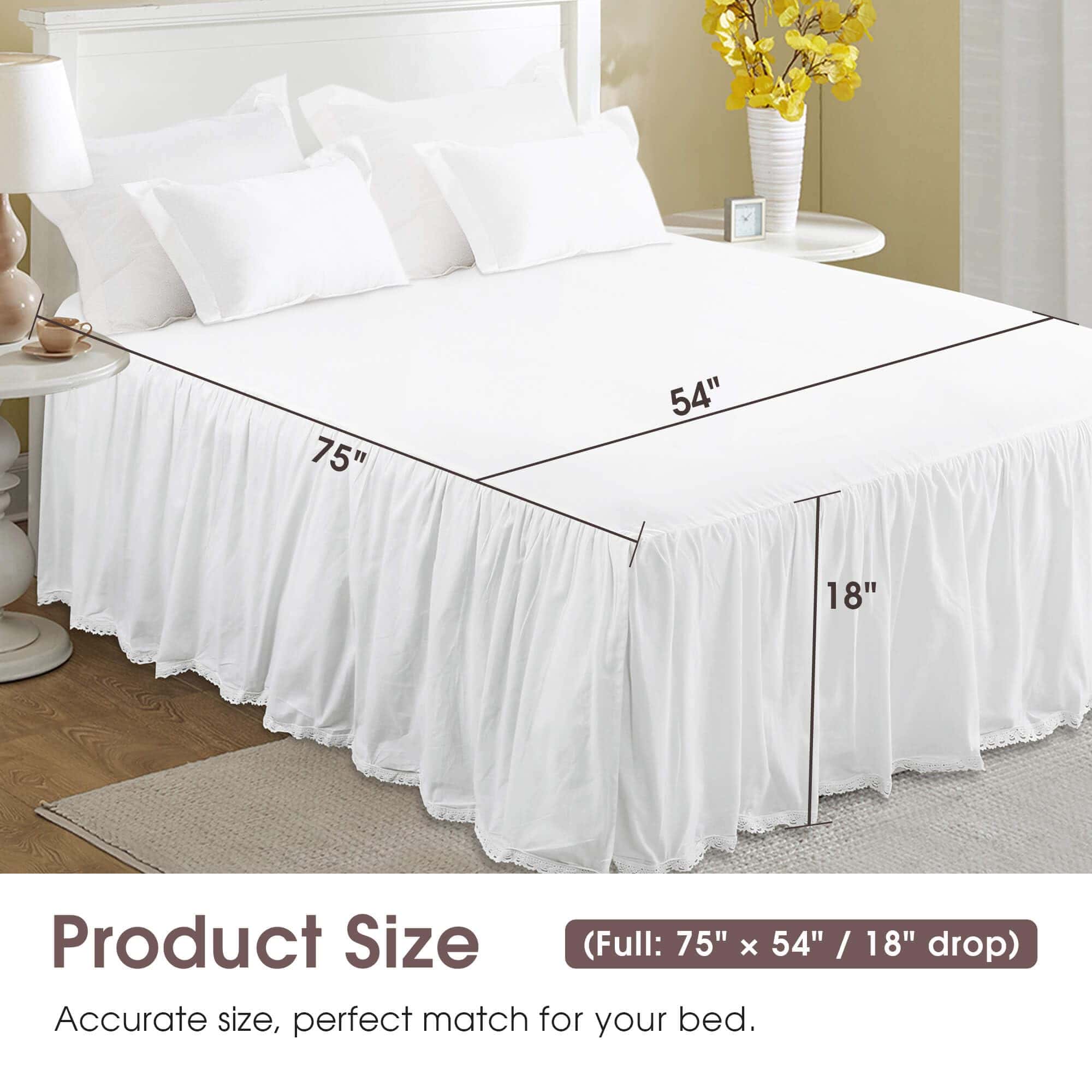 Falda de cama con volantes blancos de tamaño completo de - Imagen 3