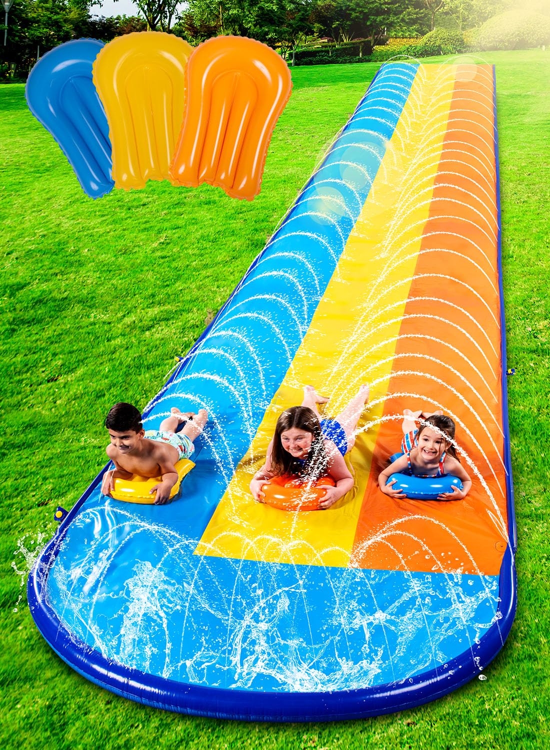 Sloosh 22.5ft Triple Water Slide y 3 Body Boards, Tobogán