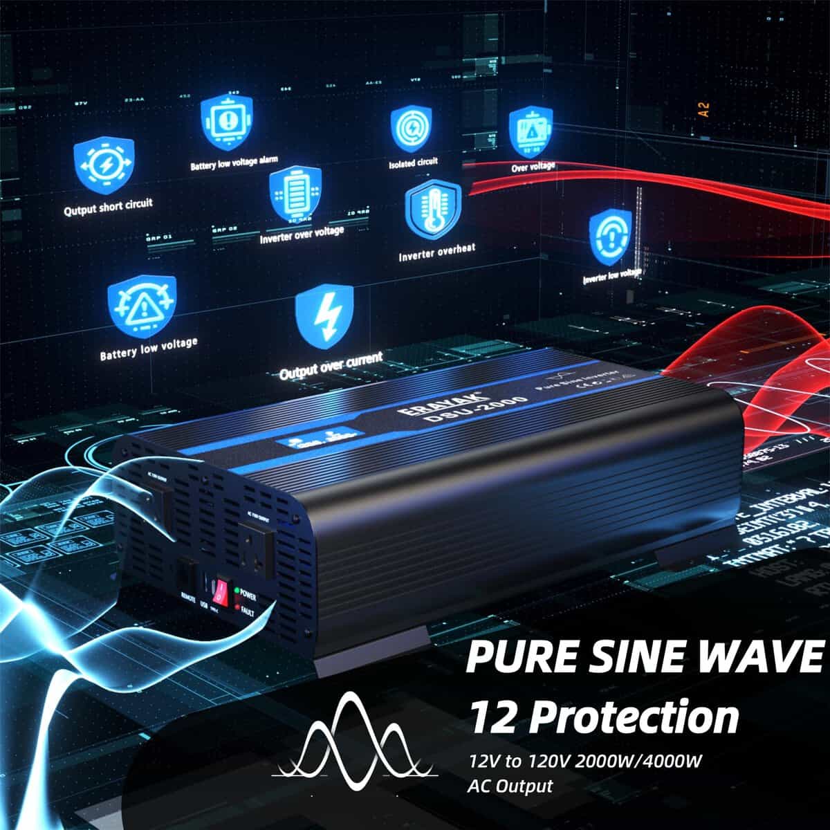 Inversor de Onda Sinusoidal Pura Erayak 2000W 12V DC a 120V - Imagen 5