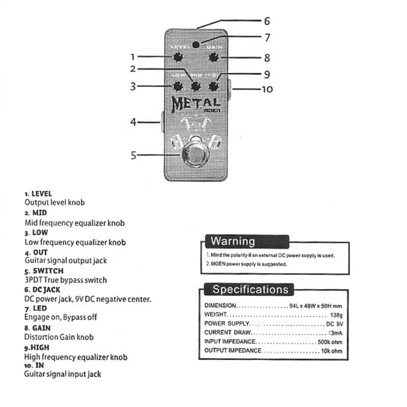 Pedal de Efecto de Guitarra MOEN Distorsión de Metal Nivel - Imagen 4