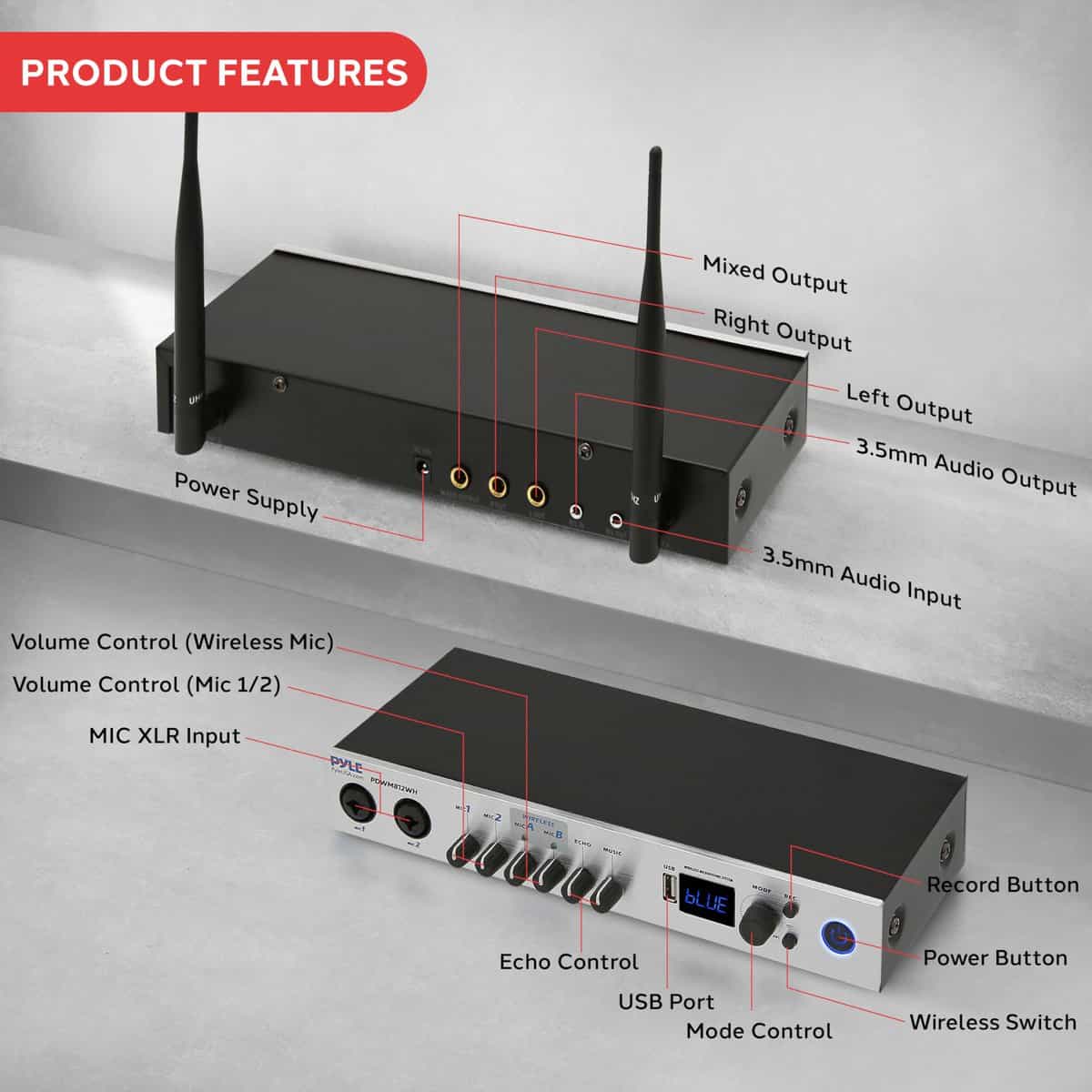 Sistema de Micrófono Inalámbrico UHF Pyle, Mezclador de - Imagen 6