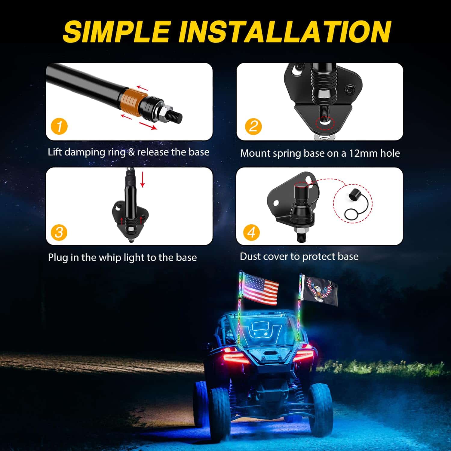 GOOACC 2PCS 5FT LED Whip Light Spiral RGB Chasing Whips con - Imagen 7