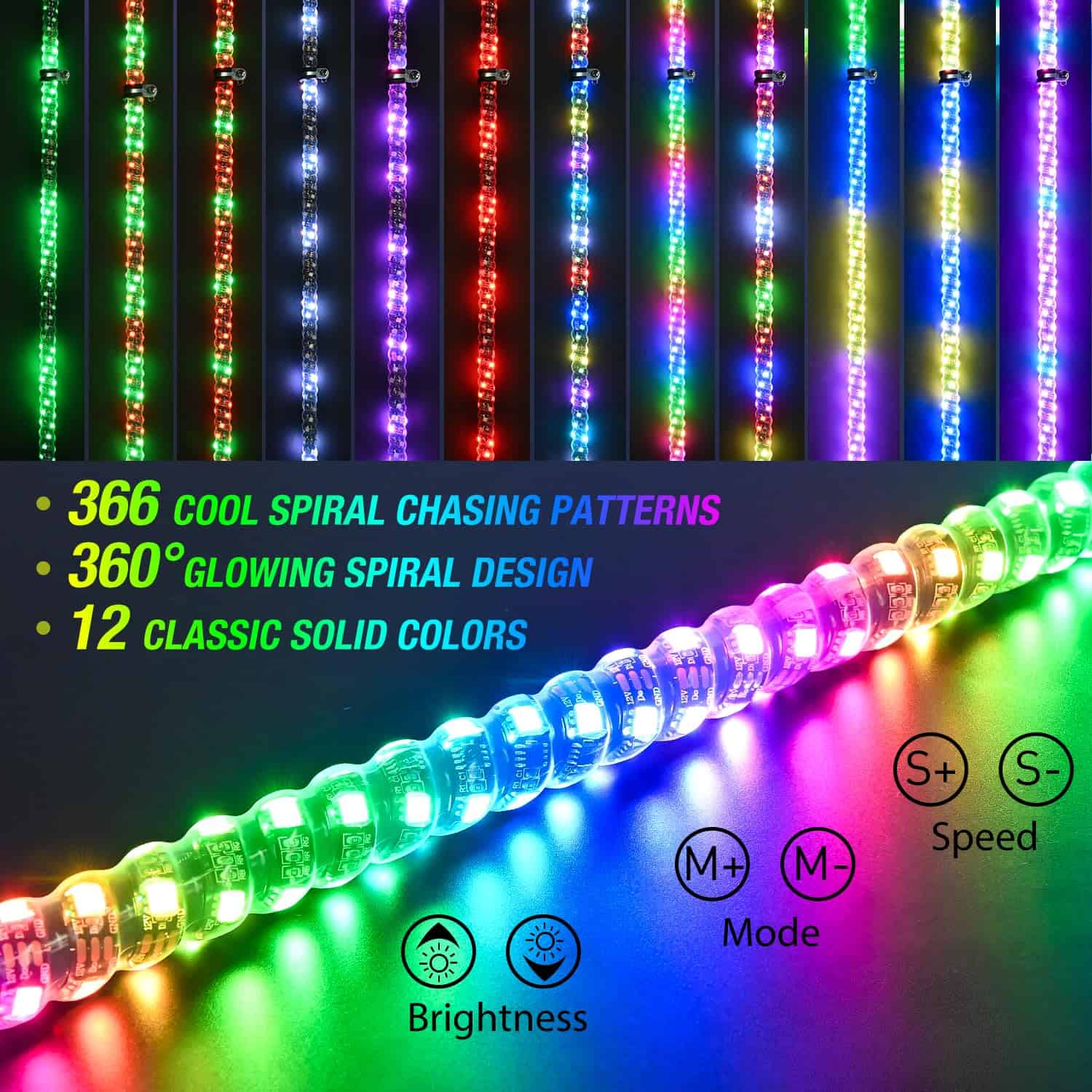 GOOACC 2PCS 5FT LED Whip Light Spiral RGB Chasing Whips con - Imagen 3