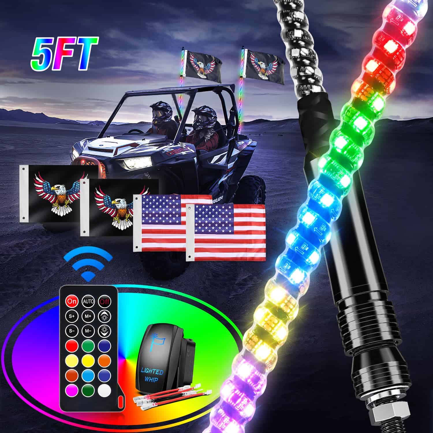 GOOACC 2PCS 5FT LED Whip Light Spiral RGB Chasing Whips con
