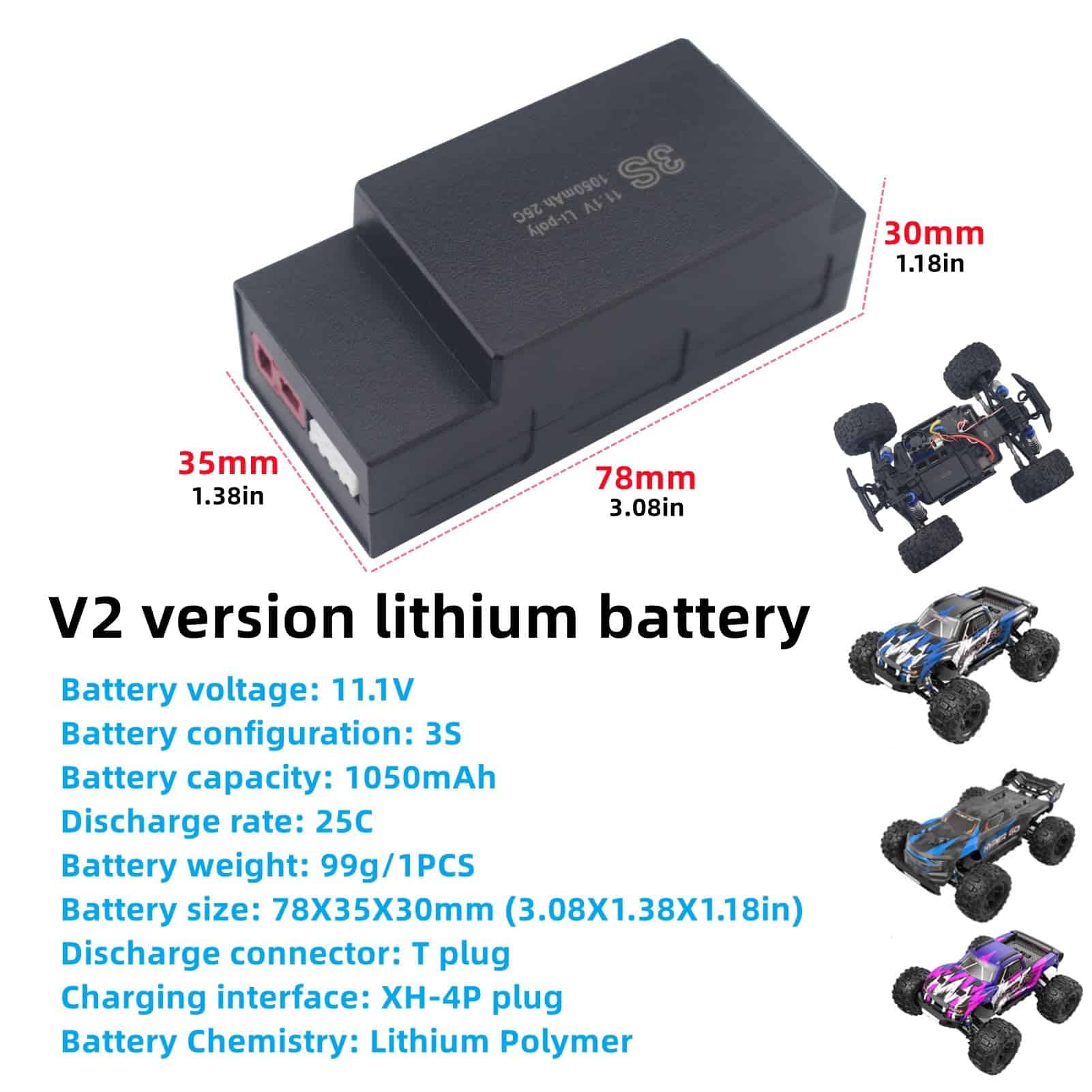 Batería de Lipo de 11.1V 1050mAh 25C 3S con Conector T y - Imagen 3