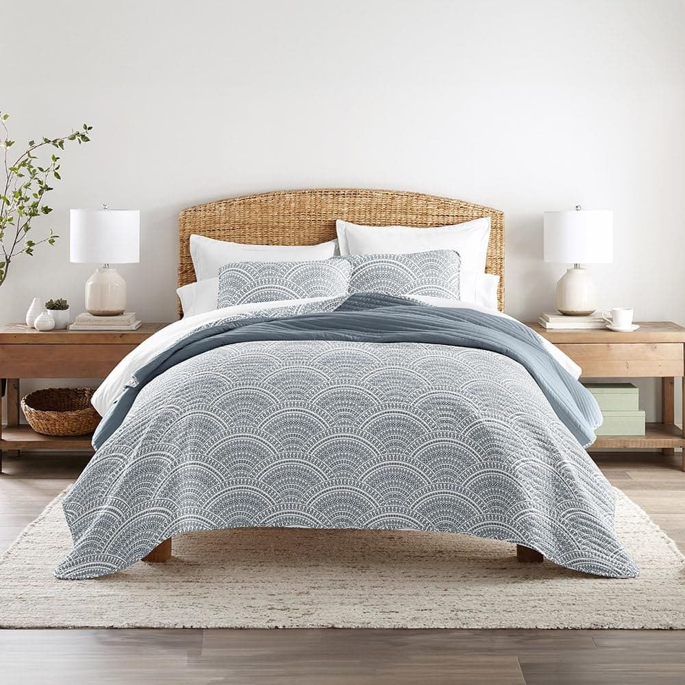 Colchas King con Diseño Geométrico Azul Oscuro Escalonado