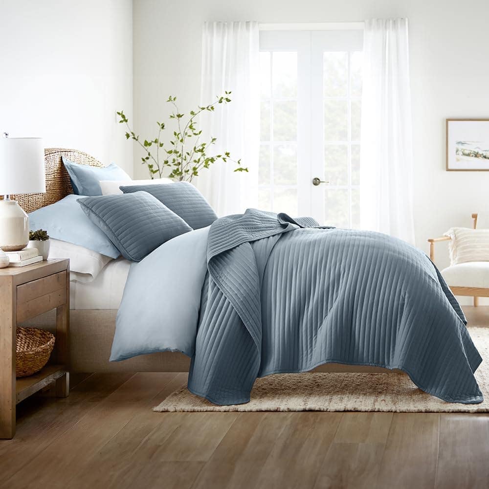 Edredón Acolchado King de Rayas Stitch Duskblue de Linen