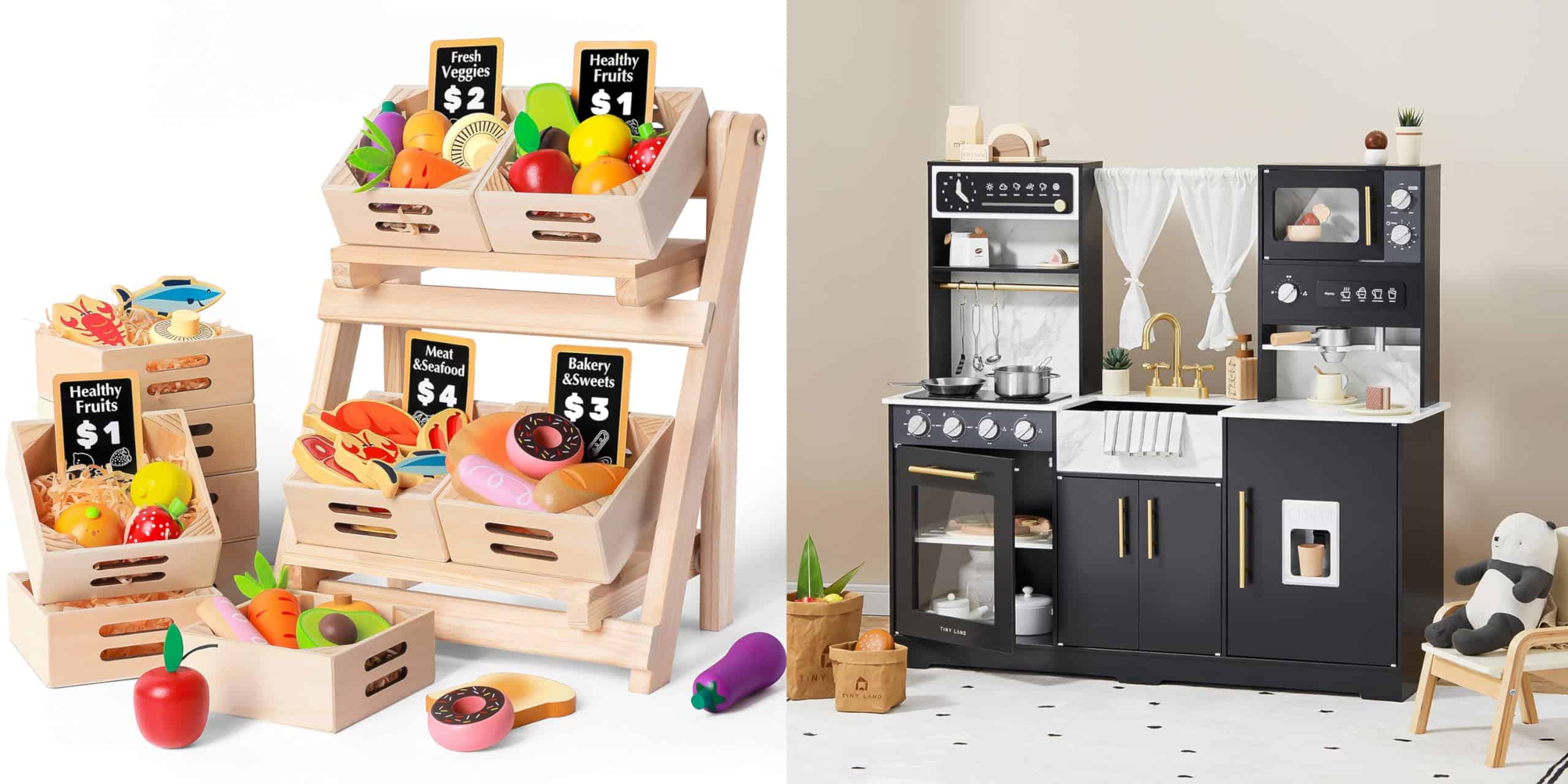 Set de Cocina de Juguete Tiny Land en Negro y Alimentos de