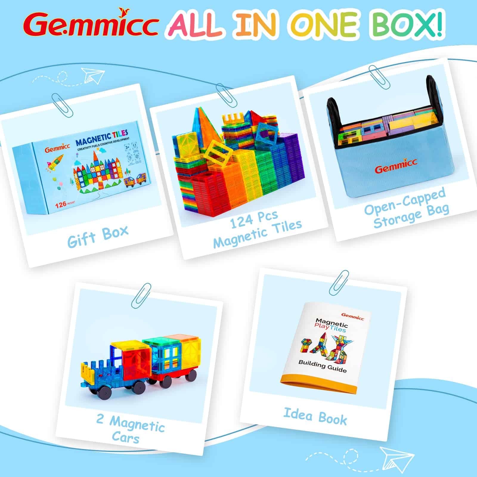 Gemmicc Magnetic Tiles, 126 PCS + Estuche de - Imagen 3