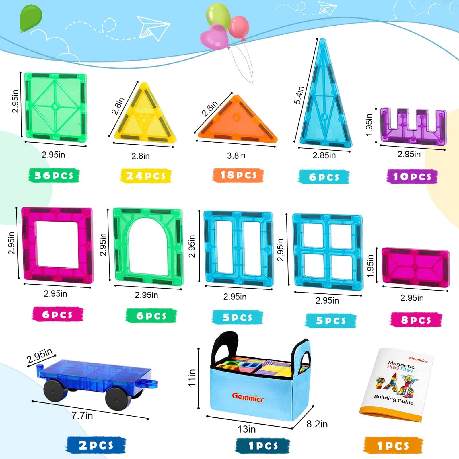 Gemmicc Magnetic Tiles, 126 PCS + Estuche de - Imagen 6