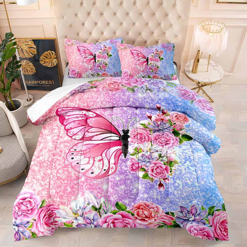 Edredón estampado de mariposas y flores 3D para niñas, 3