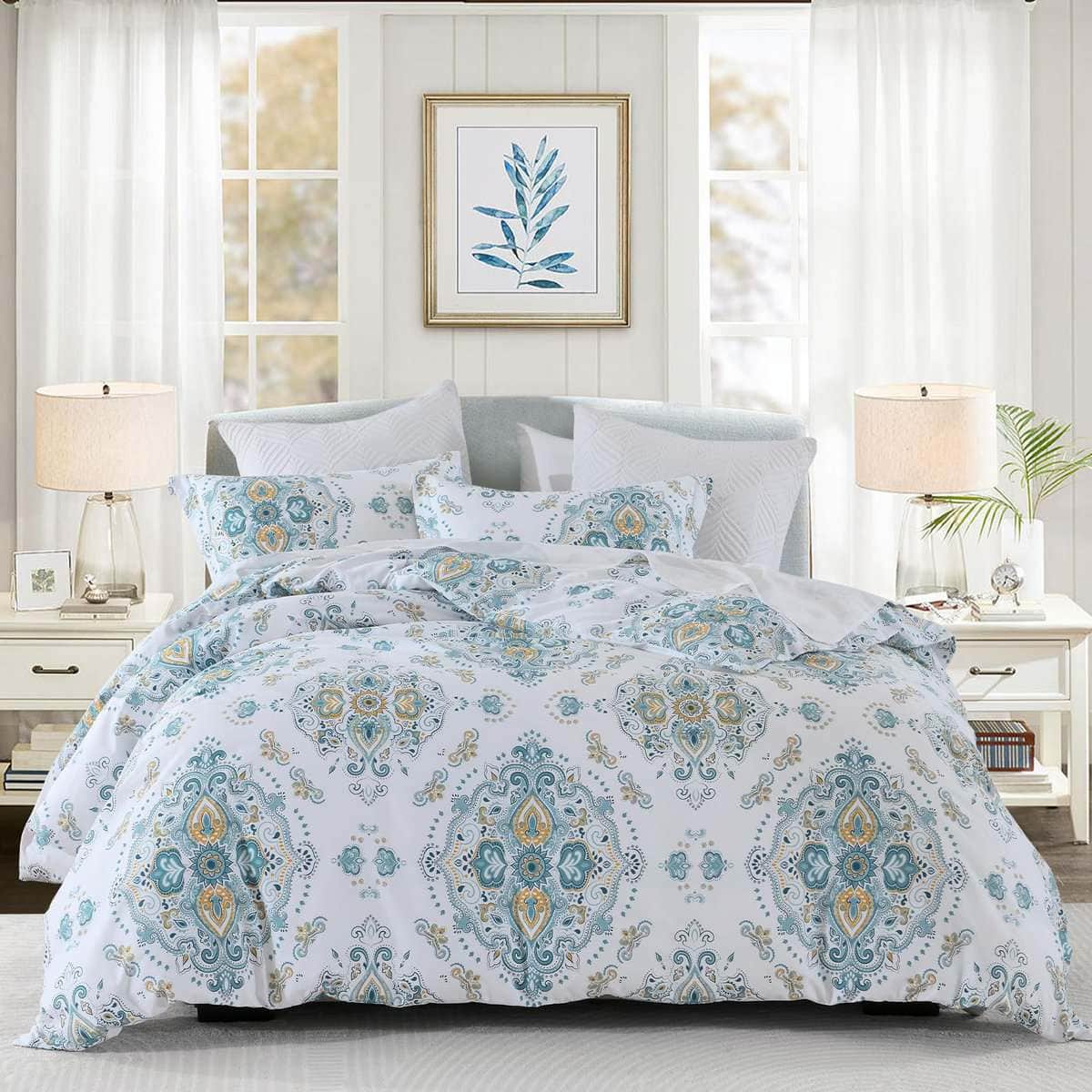 Funda de Edredón de Algodón Quilta Queen - -Blanco/Azul-1