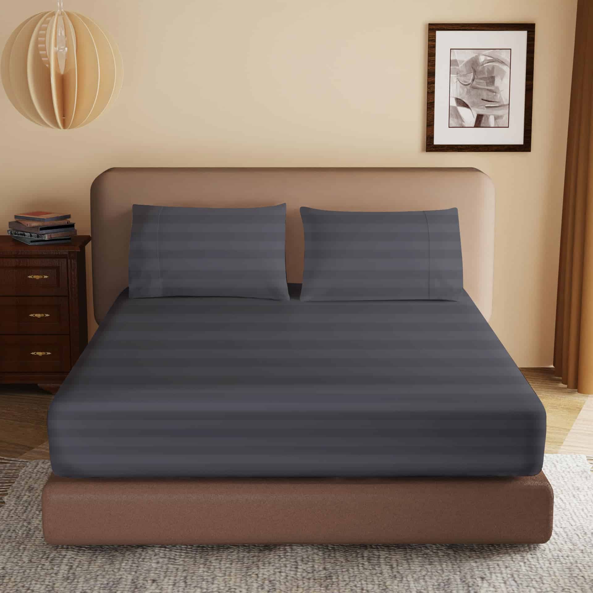 Sábana Ajustable 100% Algodón Egipcio -Gris Oscuro a Rayas