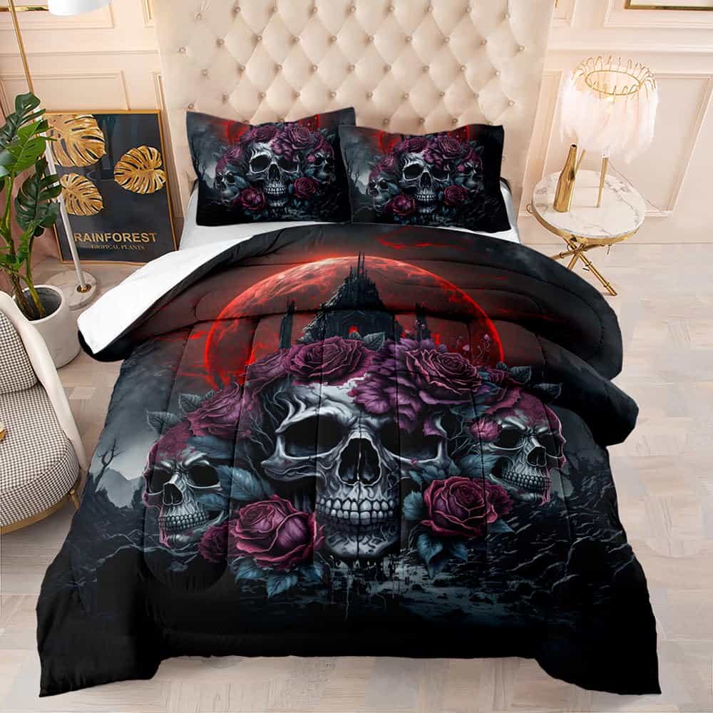 Juego de Edredón con Estampado Retro de Calaveras Florales