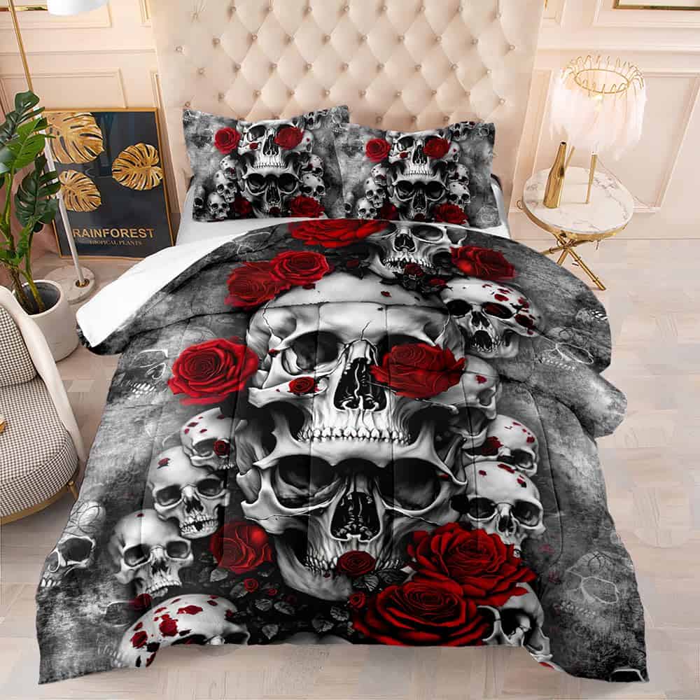 Juego de edredón Suncloris Roses Floral Skull para niños