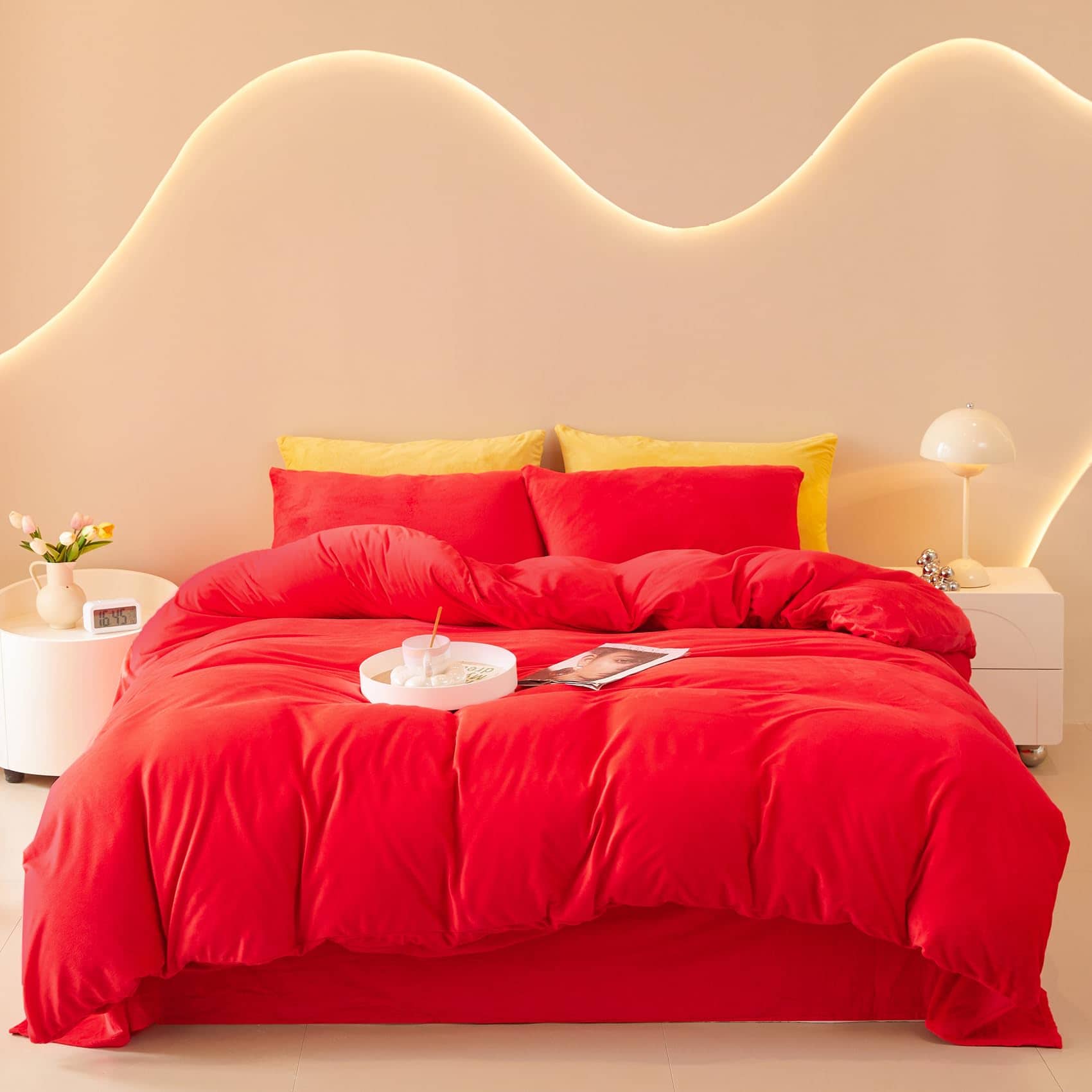 Juego de Funda de Edredón de Terciopelo Rojo FOPPA Queen -