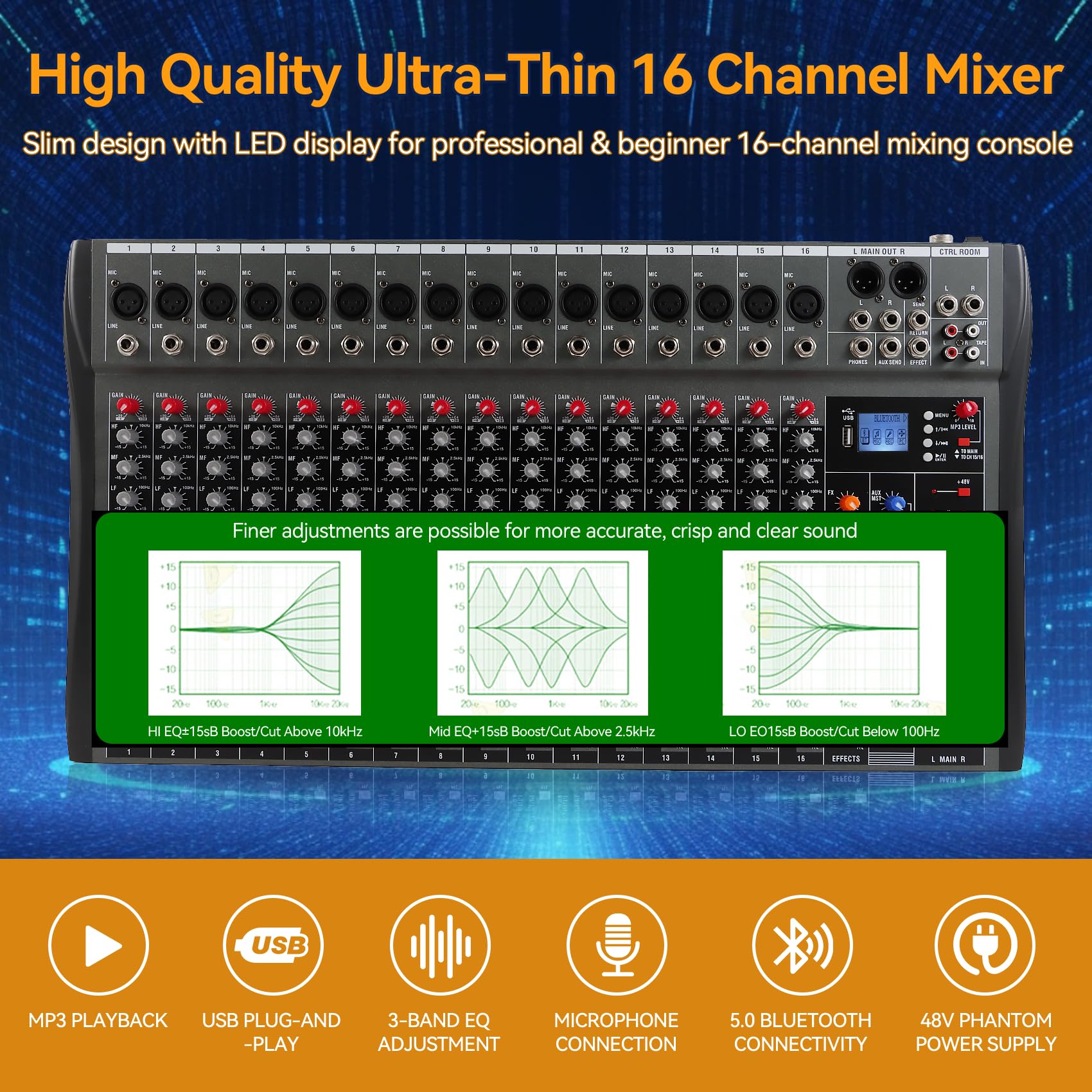 Mezcladora de Audio de 16 Canales, Consola con Bluetooth - Imagen 3