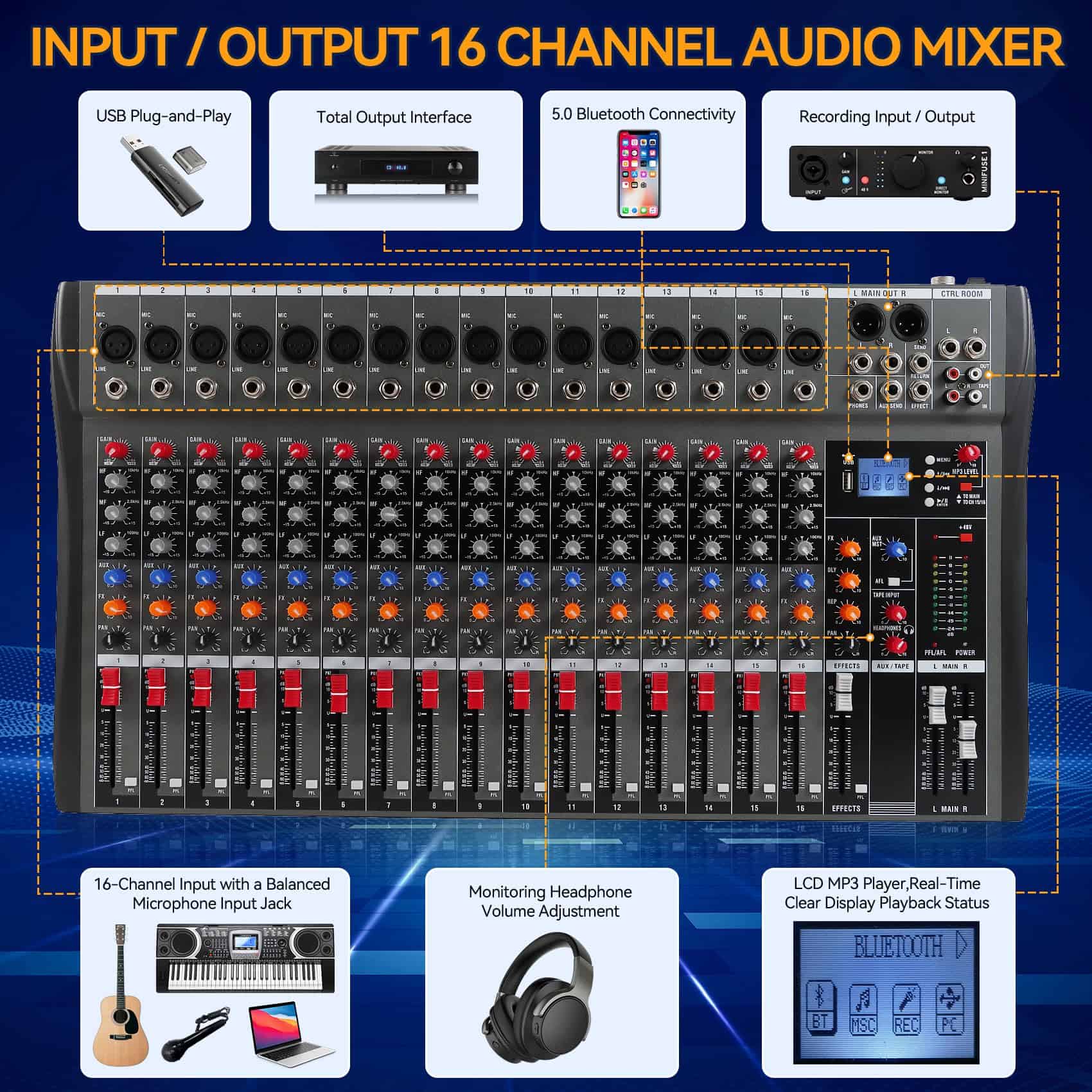 Mezcladora de Audio de 16 Canales, Consola con Bluetooth - Imagen 4