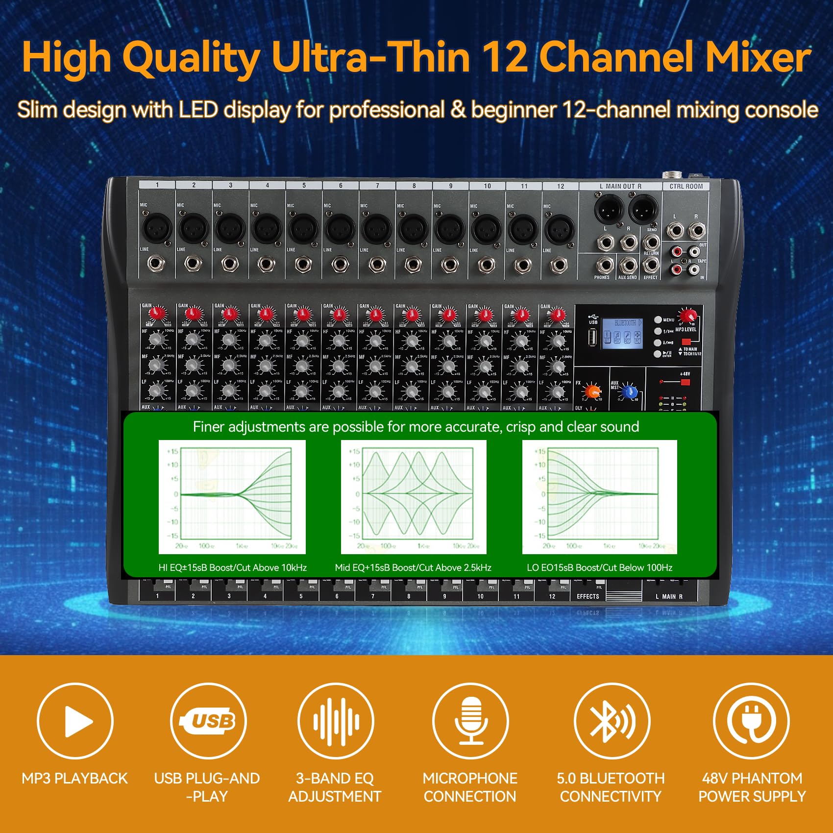 Mesa Mezcladora de Audio de 12 Canales, Consola con - Imagen 3