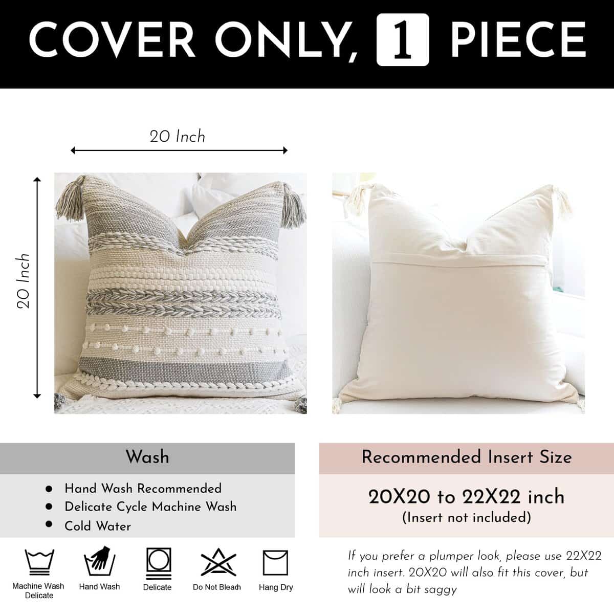 Funda de Almohada Decorativa Boho en Gris 20x20 Cuadrada, - Imagen 5