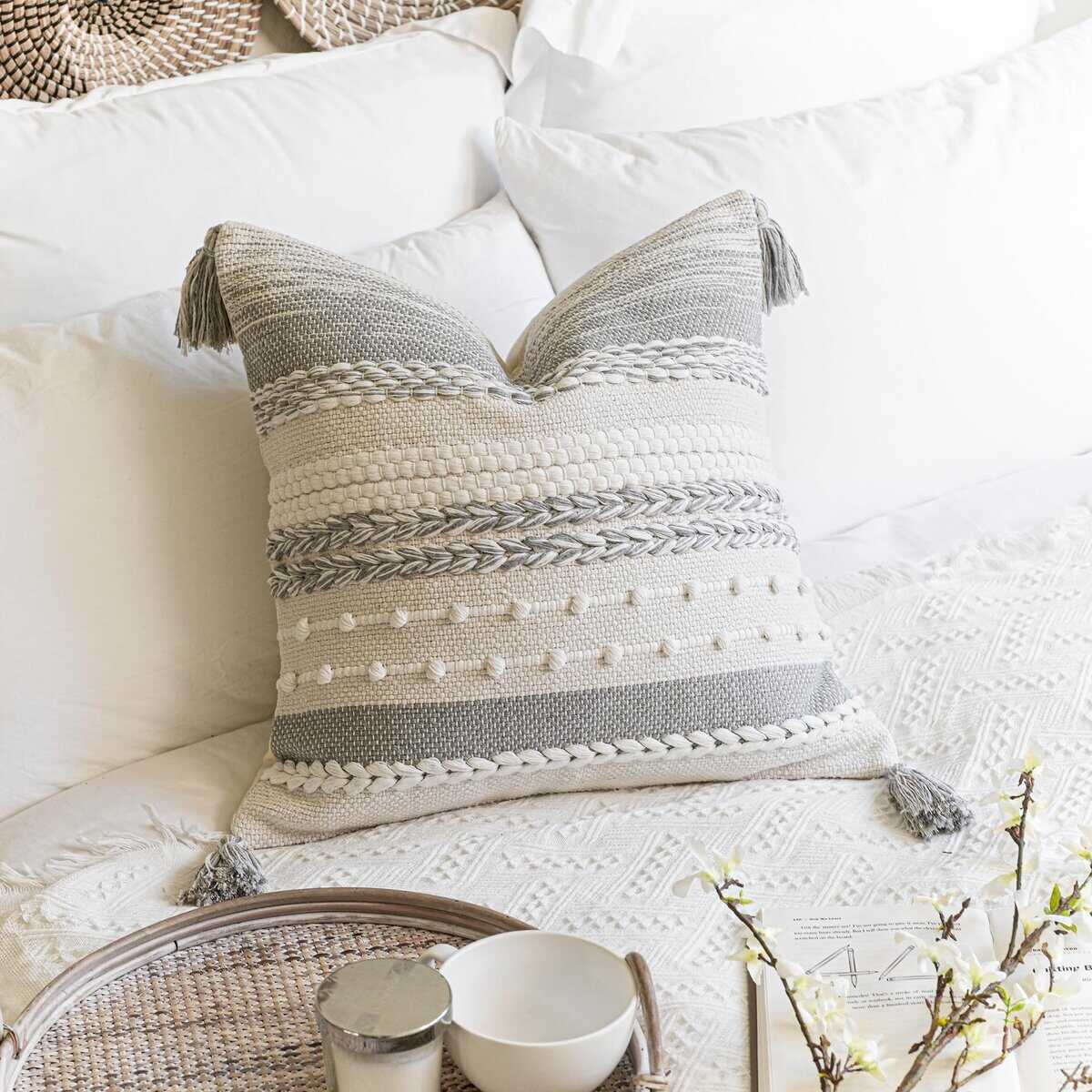 Funda de Almohada Decorativa Boho en Gris 20x20 Cuadrada, - Imagen 4