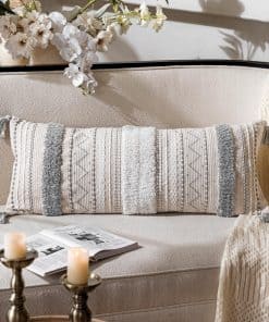 Funda de cojín decorativa lumbar gris BlissBlush 14x36 Boho