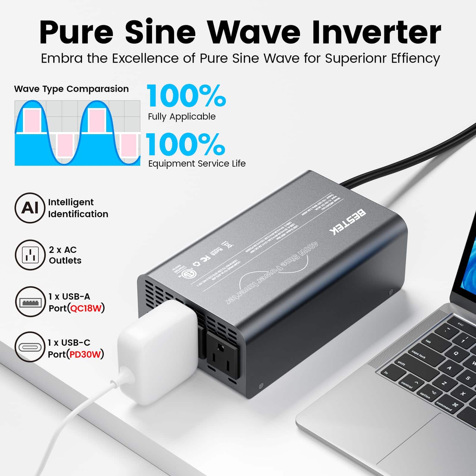 Inversor de Corriente Onda Senoidal Pura BESTEK 400W - - Imagen 3