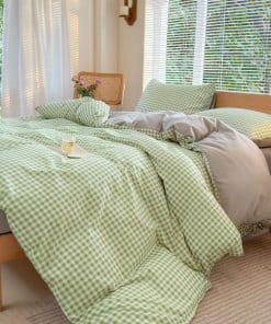 Juego de Funda Nórdica a Cuadros Verde Salvia para Cama