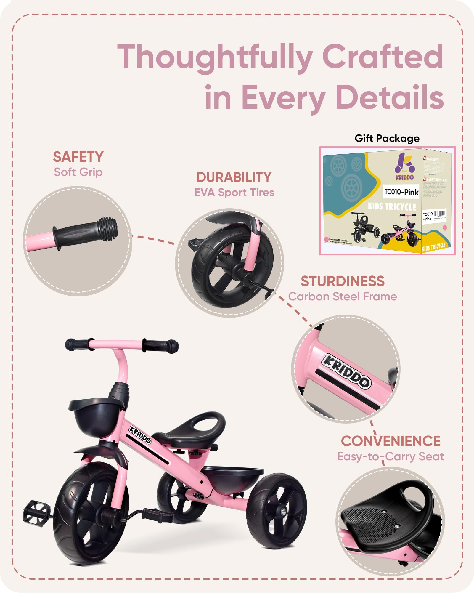 Triciclo para Niños KRIDDO Edad 24 Meses a 4 -Rosa - Imagen 7