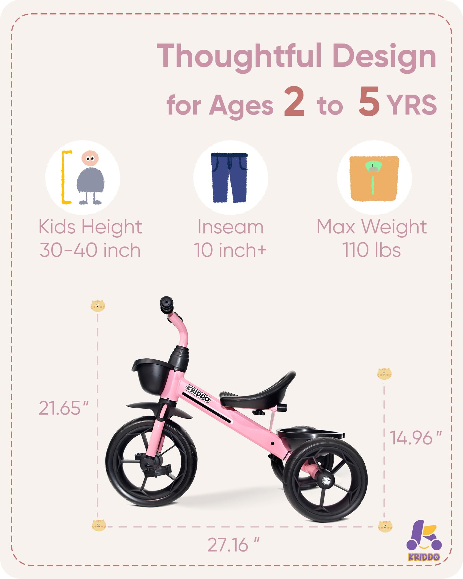 Triciclo para Niños KRIDDO Edad 24 Meses a 4 -Rosa - Imagen 6