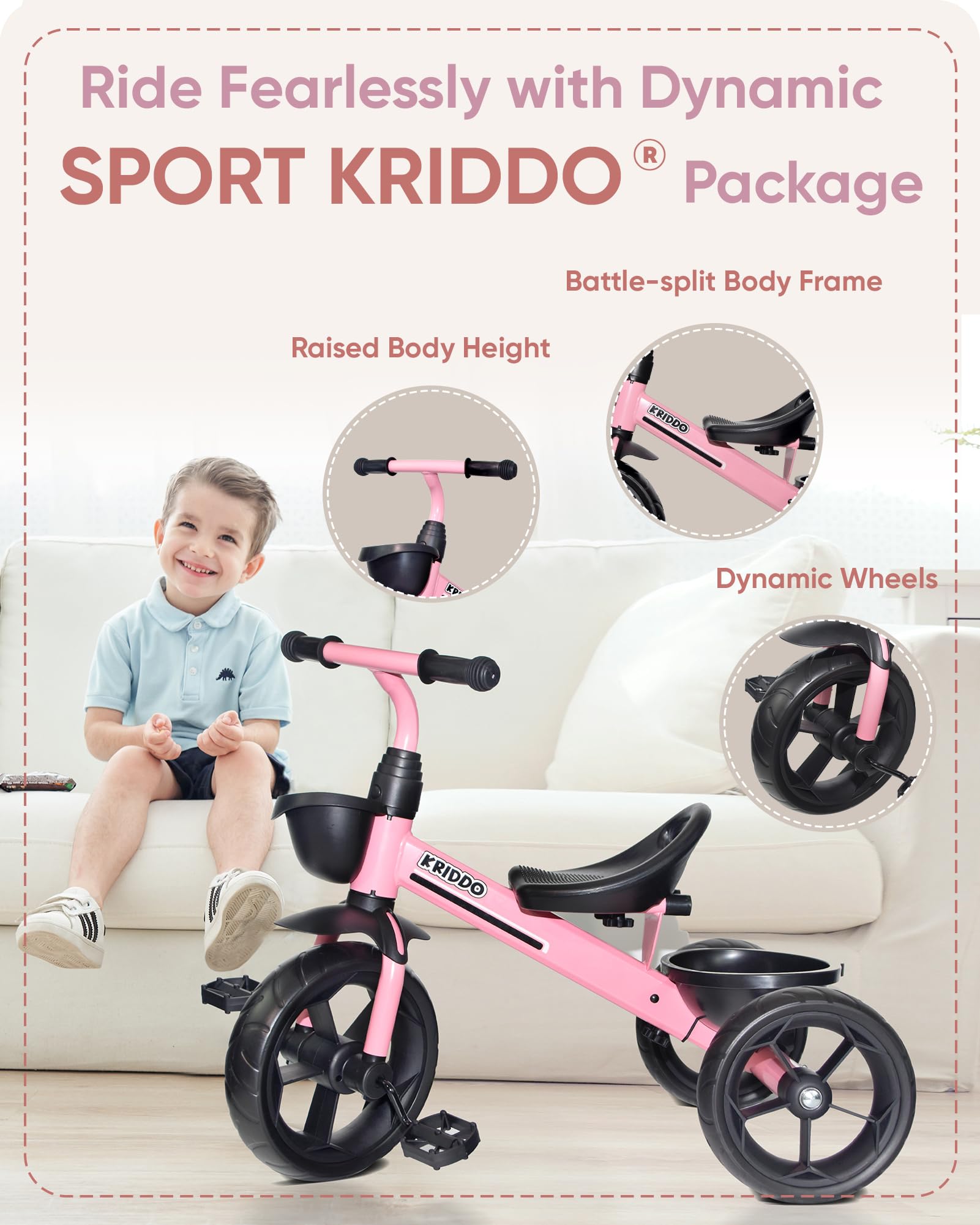 Triciclo para Niños KRIDDO Edad 24 Meses a 4 -Rosa - Imagen 3