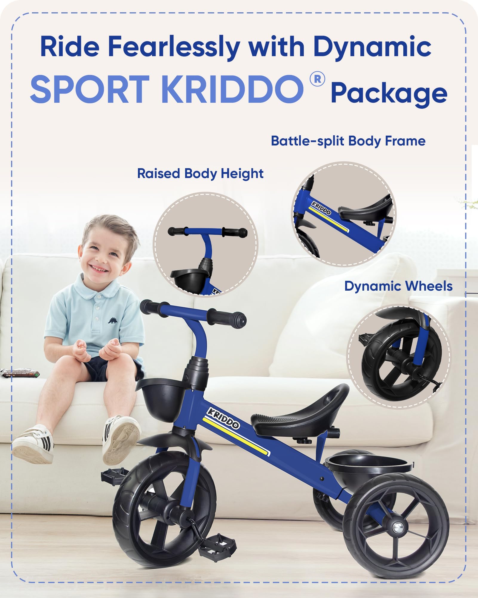 Triciclo para Niños KRIDDO Edad 24 Meses a 4 -Azul - Imagen 3