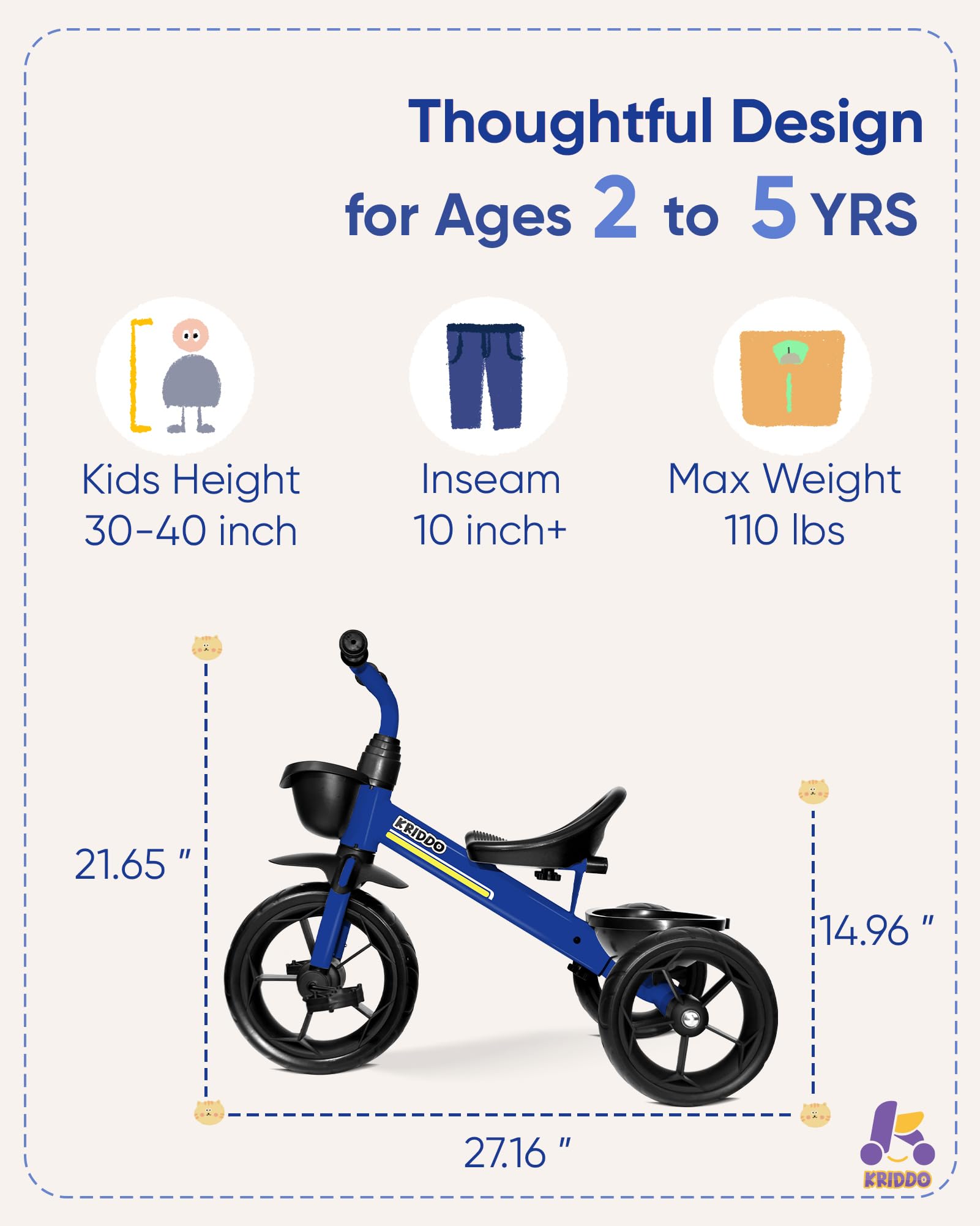 Triciclo para Niños KRIDDO Edad 24 Meses a 4 -Azul - Imagen 6