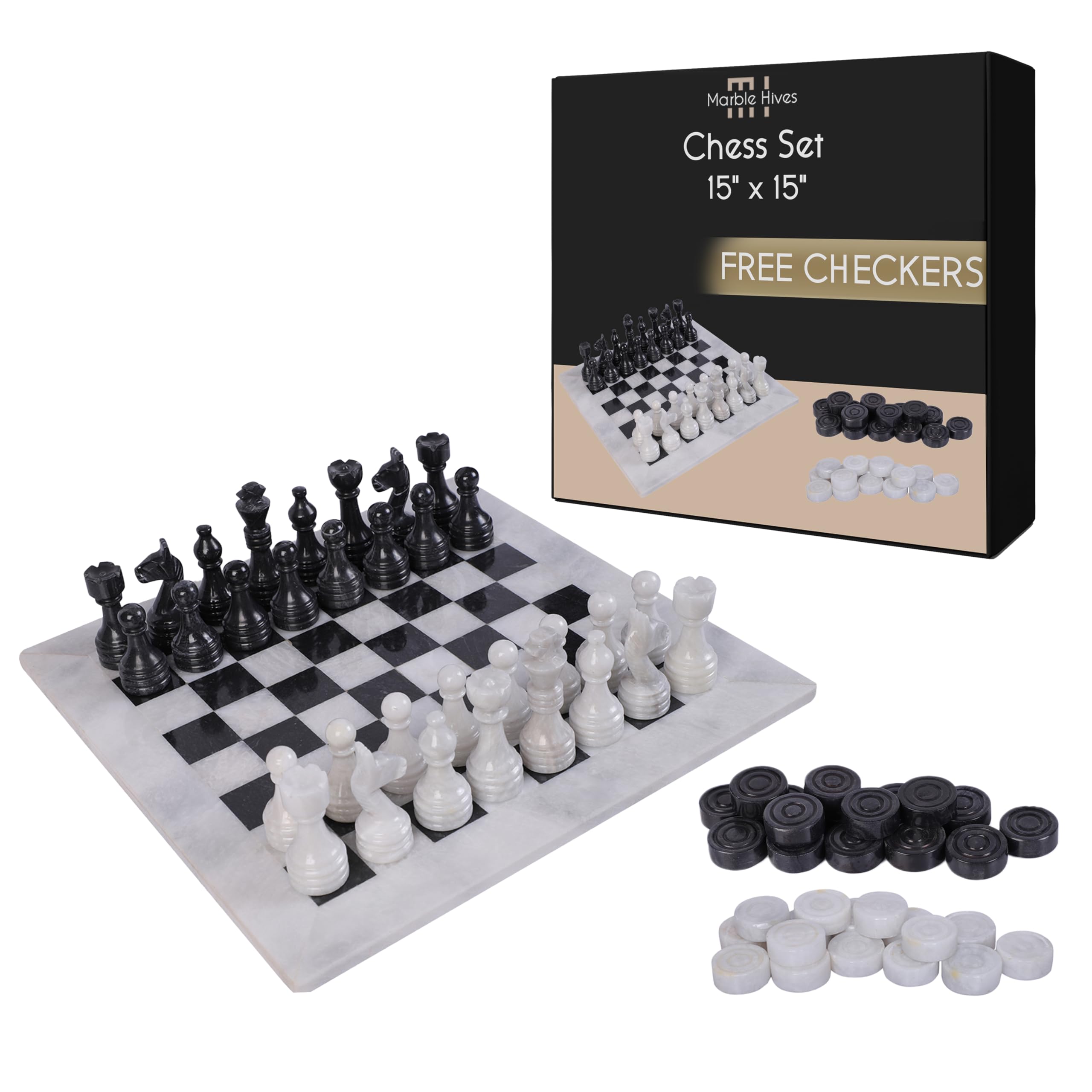 Juego de Ajedrez de Mármol de 15 Pulgadas de -Blanco y Negro