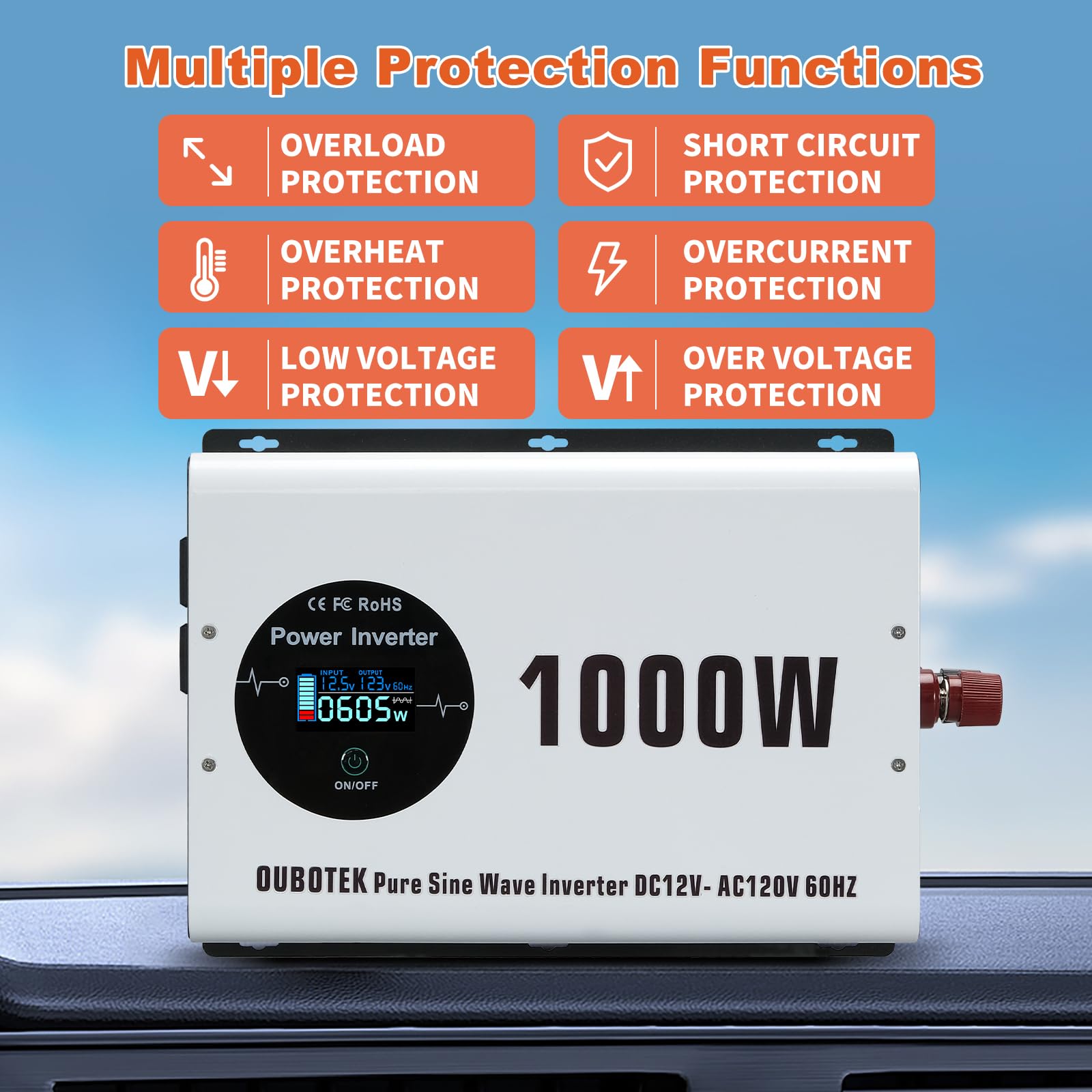 Inversor de Corriente OUBOTEK 1000W Pico de 2000W Onda - Imagen 8