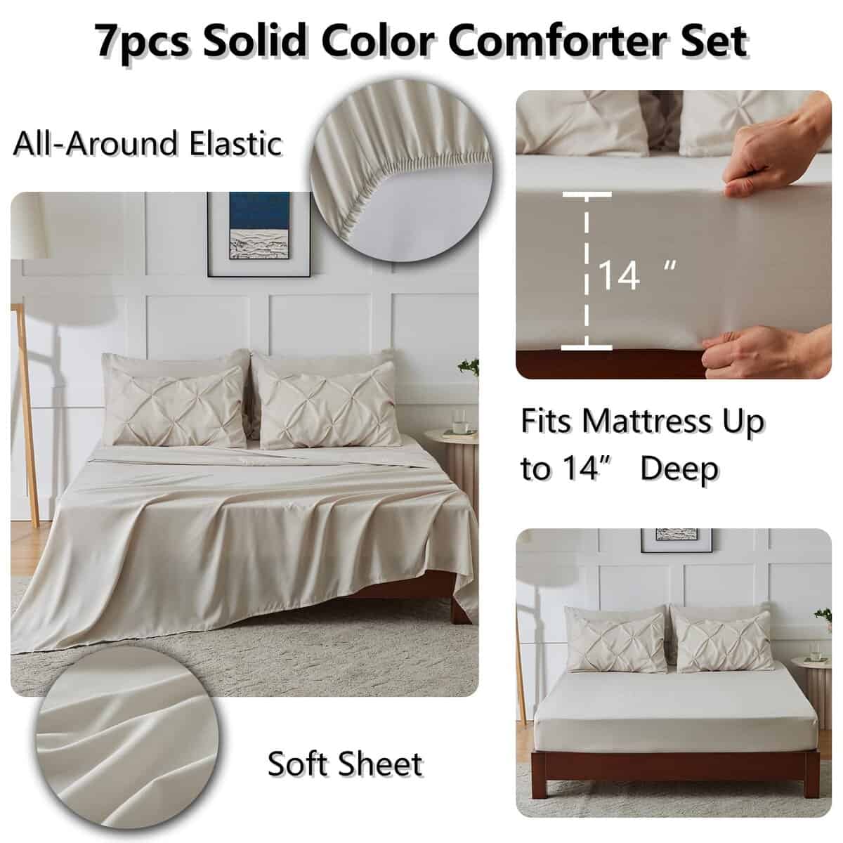 HIMEET- Juego de edredón beige completo de 7 piezas Juego - Imagen 4