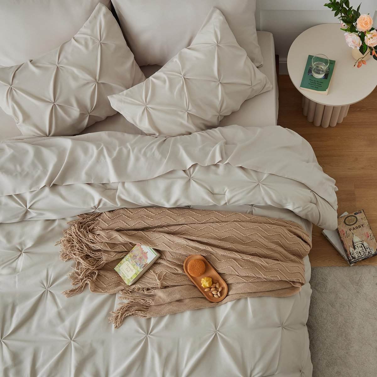 HIMEET- Juego de edredón beige completo de 7 piezas Juego - Imagen 8