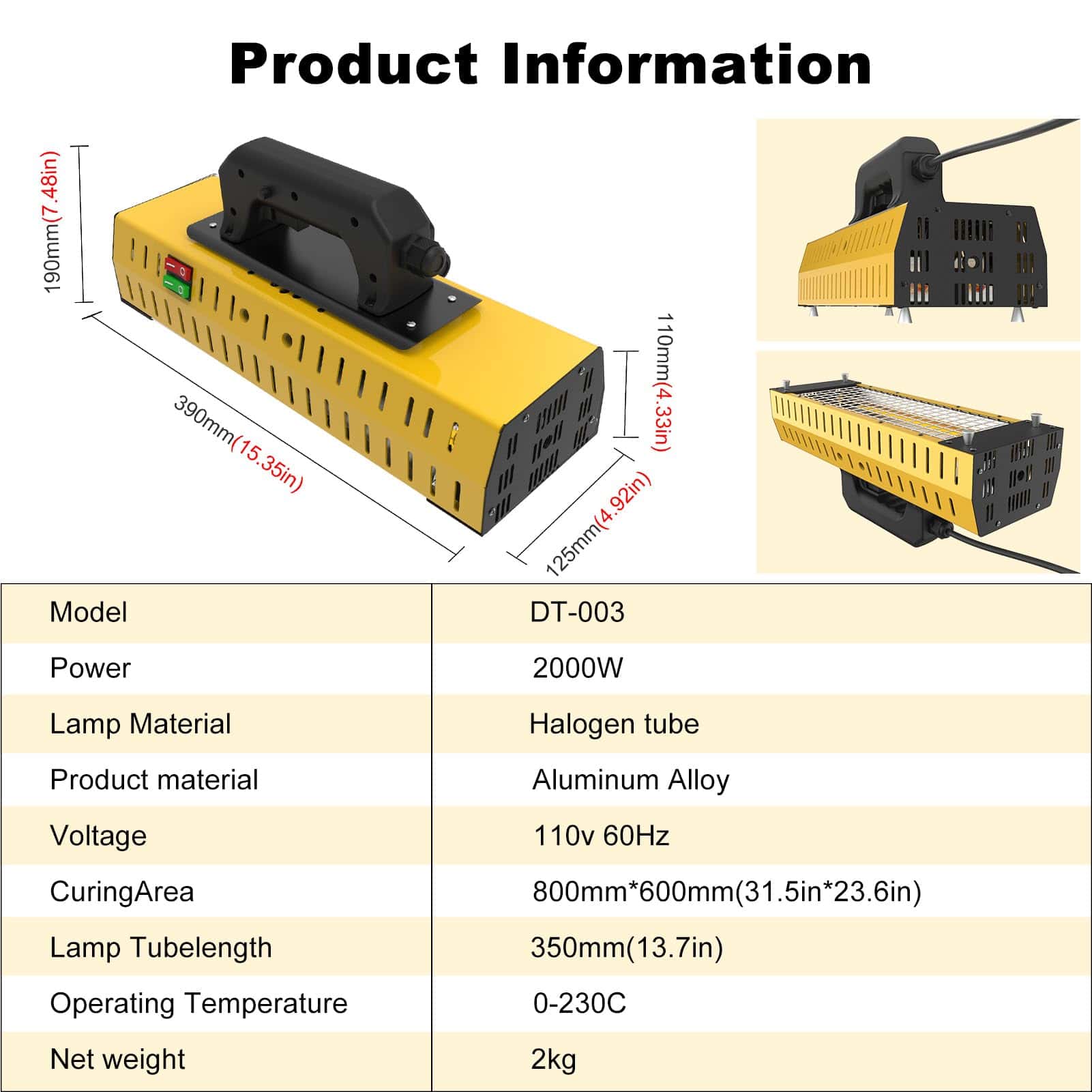 Lámpara de Cura de Pintura Infrarroja DATOUBOSS 2000W - Imagen 3