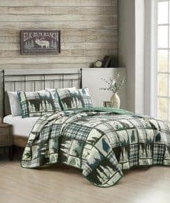 Colcha de Cabaña Rústica Verde con Cuadros de Osos Grizzly