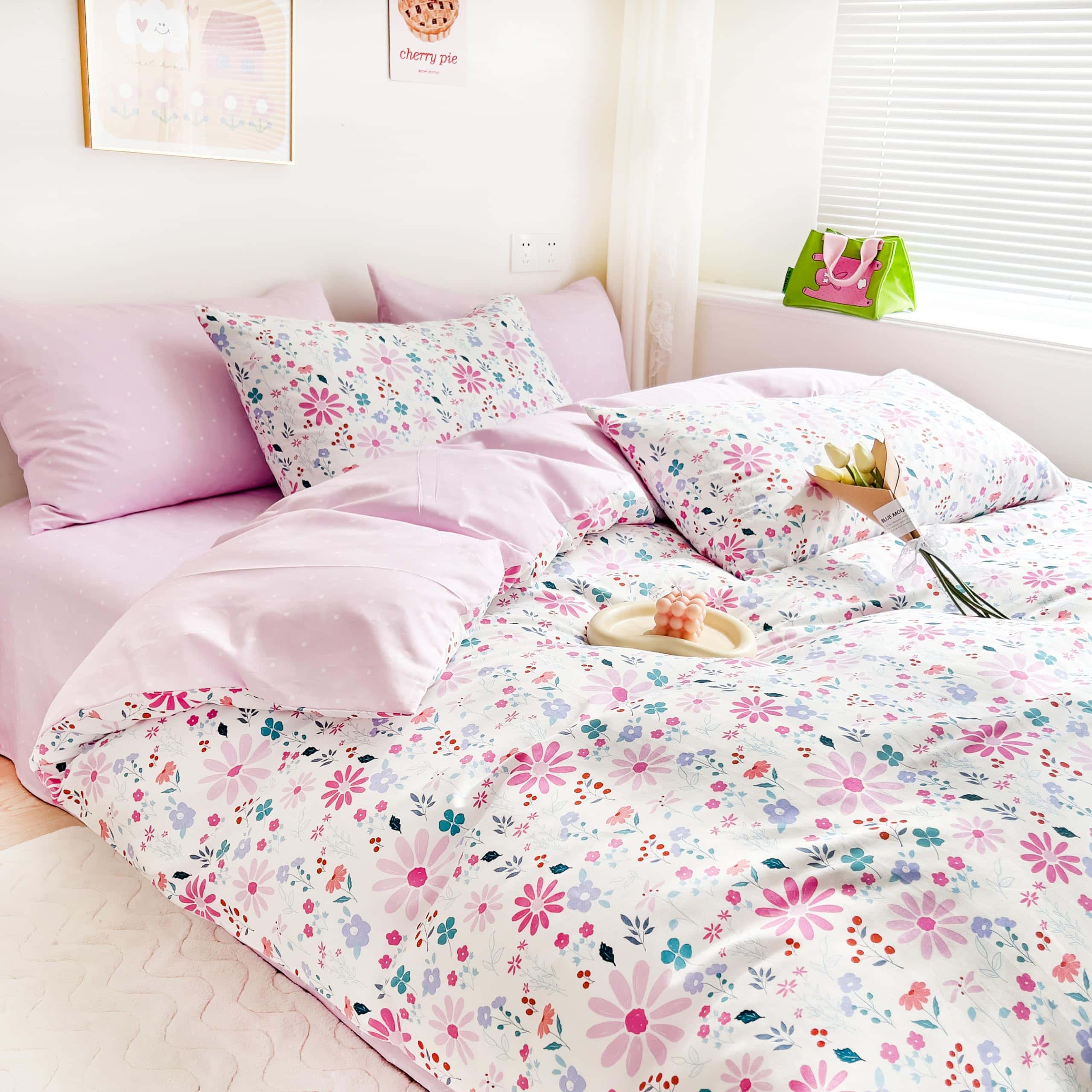 Juego de Cama de Duvet MEJU Pink Purple Floral Blossom + - Imagen 7