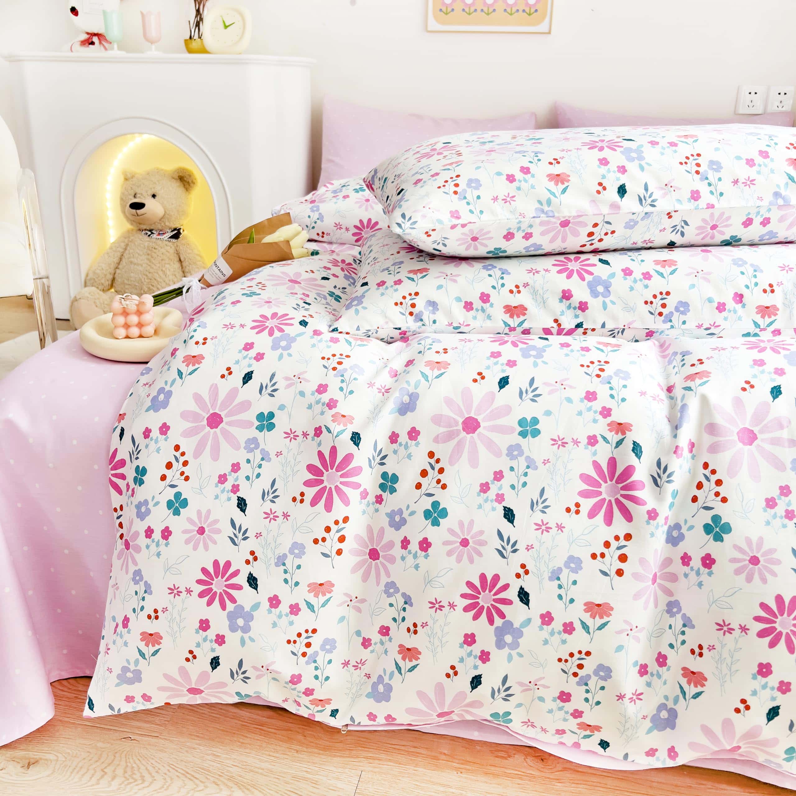 Juego de Cama de Duvet MEJU Pink Purple Floral Blossom +