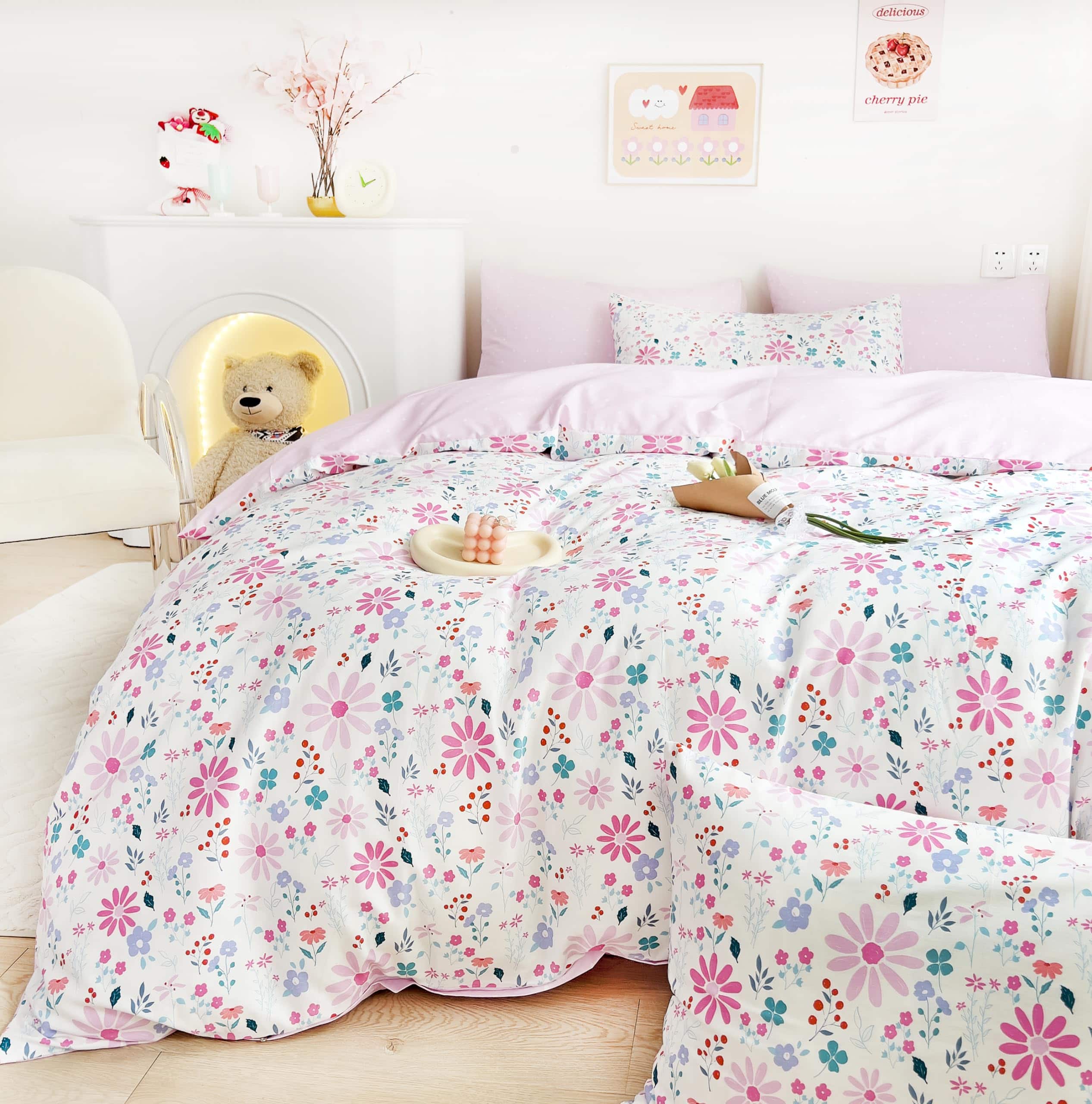 Juego de Cama de Duvet MEJU Pink Purple Floral Blossom + - Imagen 5