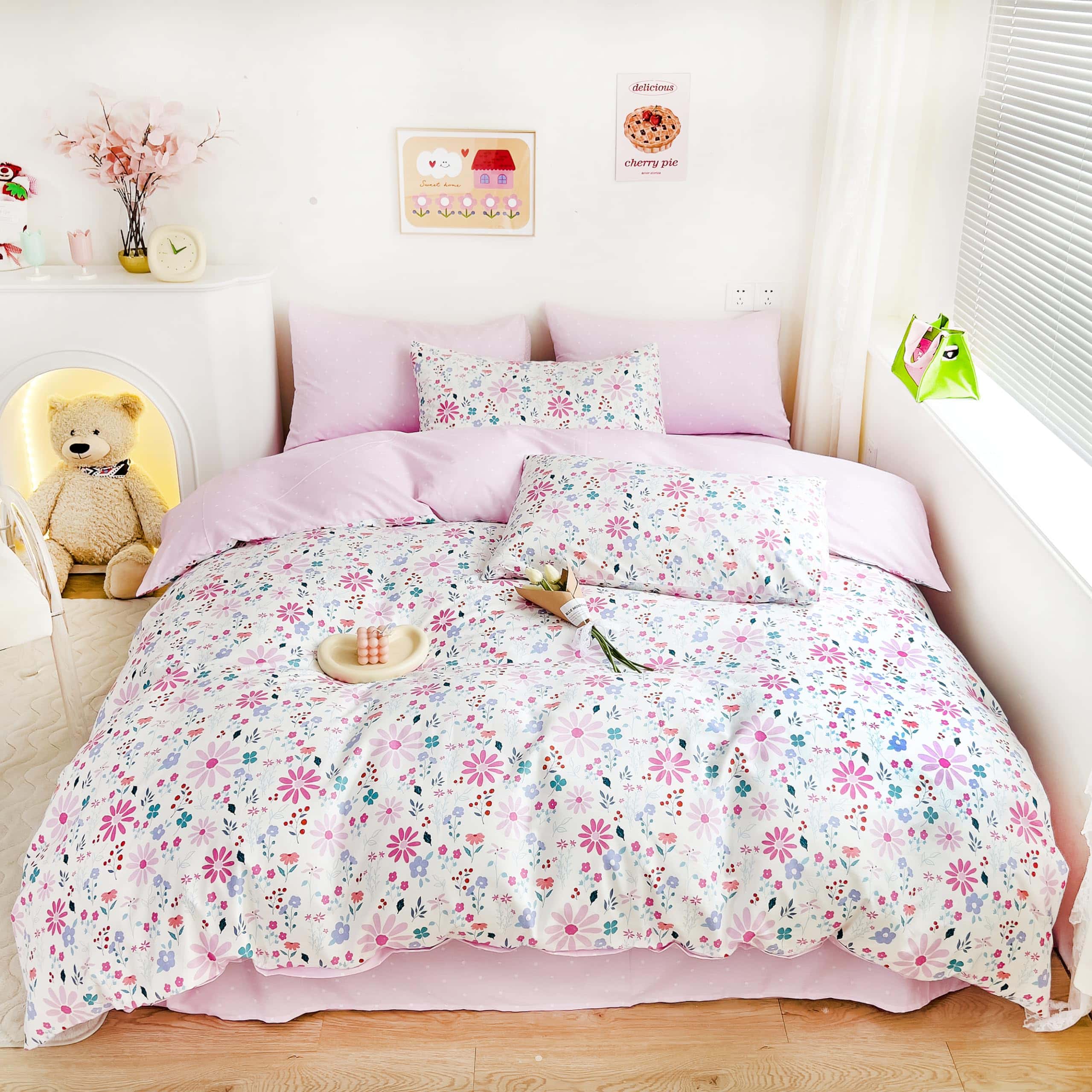 Juego de Cama de Duvet MEJU Pink Purple Floral Blossom + - Imagen 4