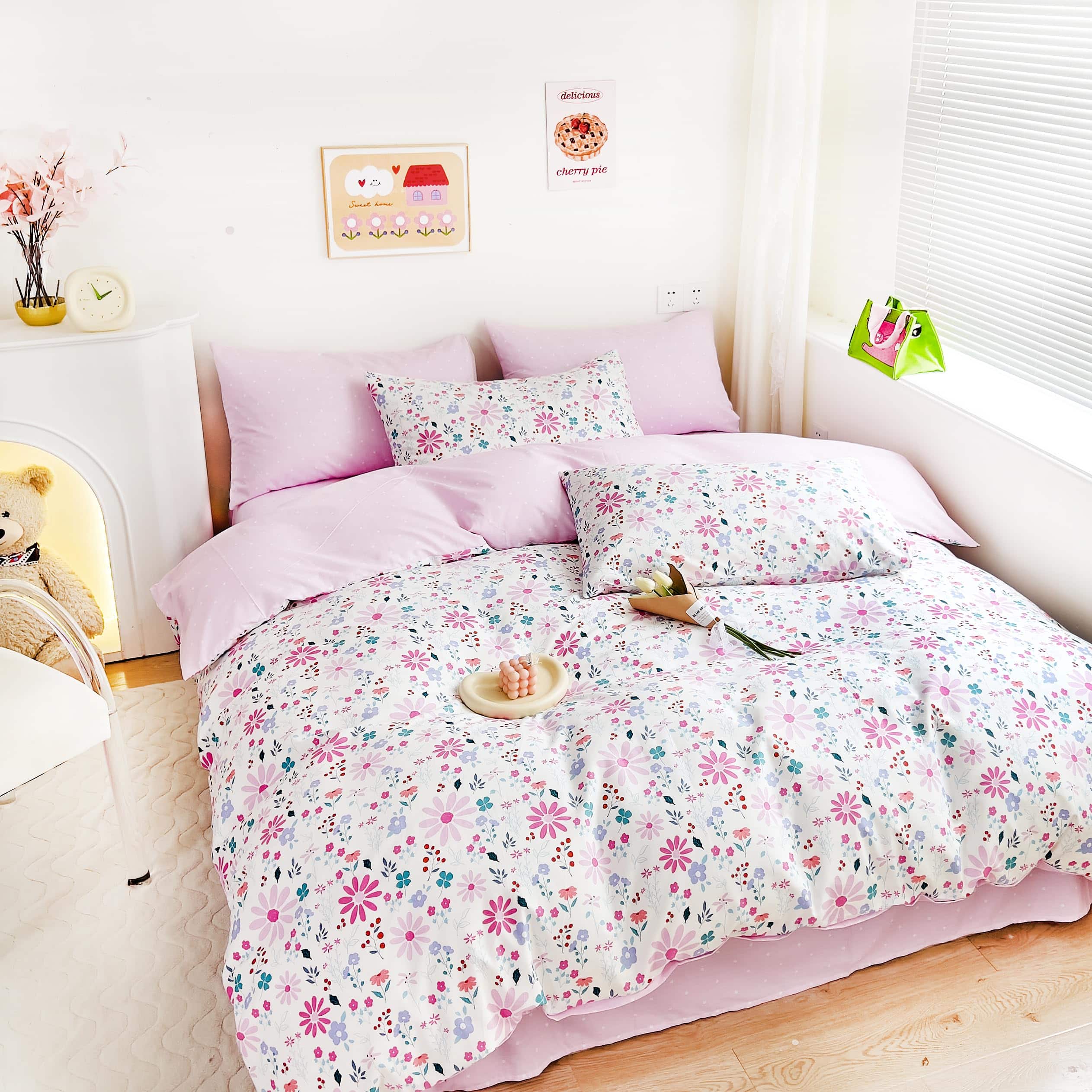 Juego de Cama de Duvet MEJU Pink Purple Floral Blossom + - Imagen 6