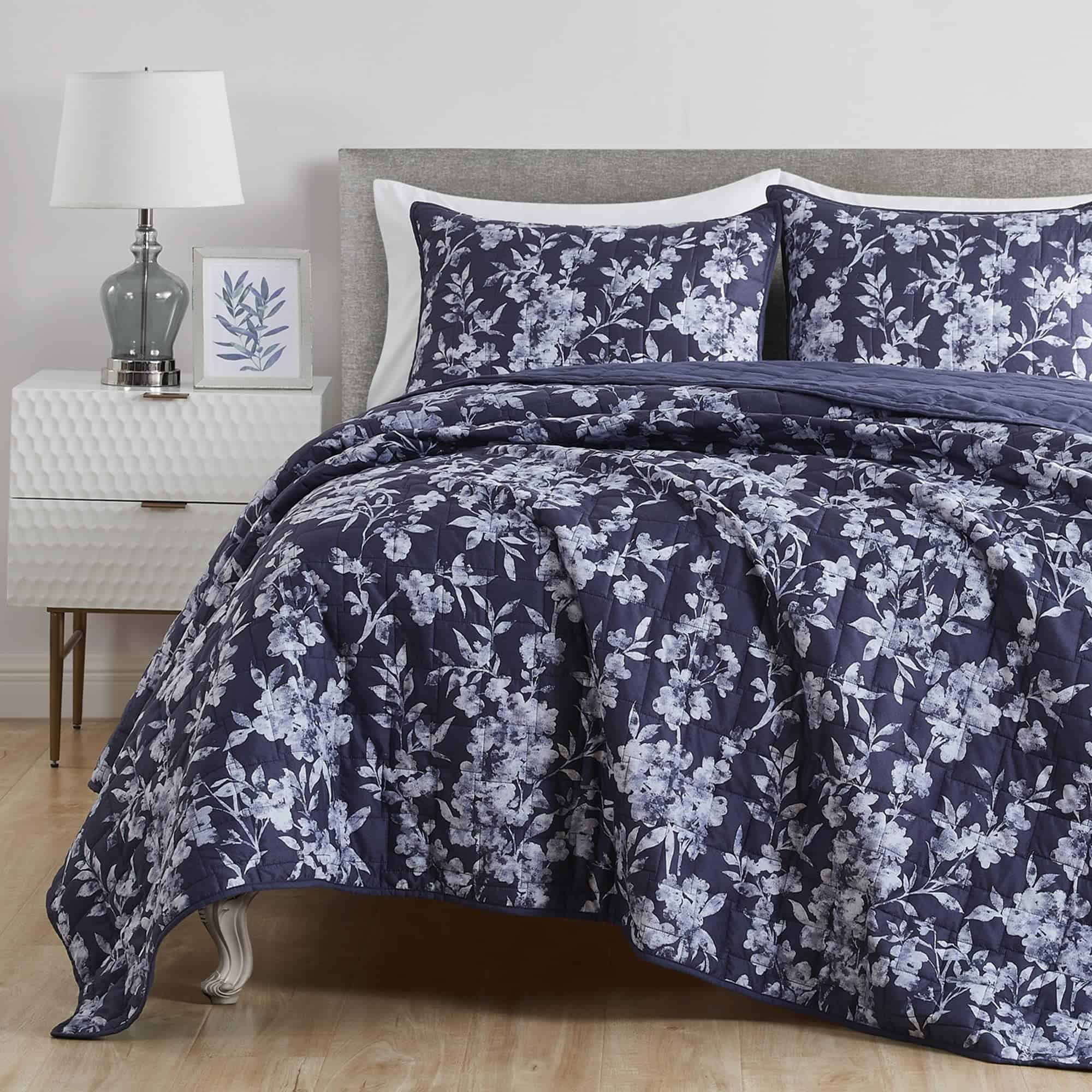 Maravilloso Juego de Edredón Floral Azul Marino Tamaño