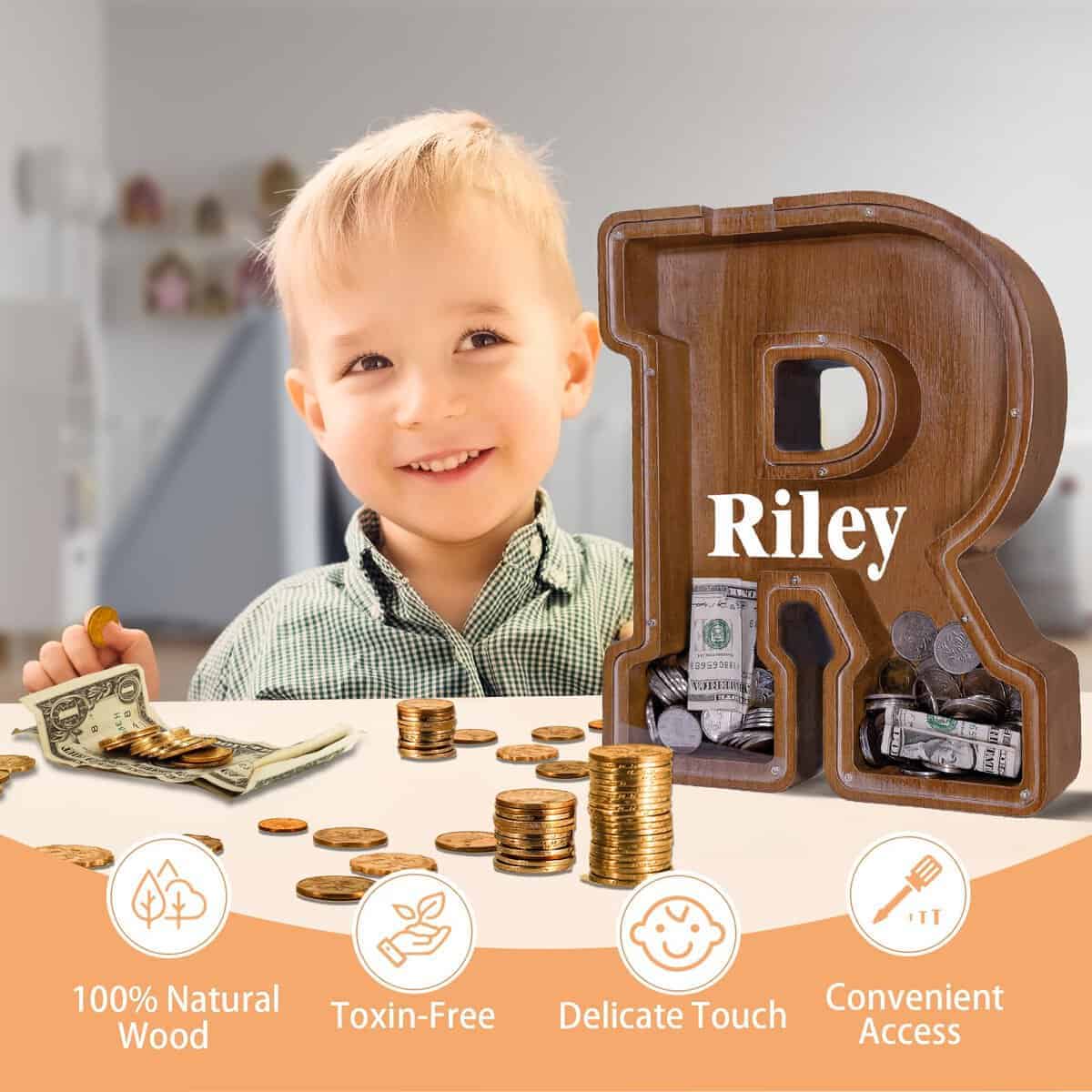 Hucha de madera en forma de letra para niños - Hucha de - Imagen 3