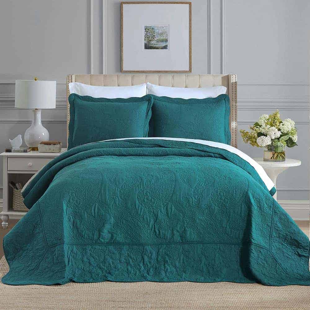 Colcha de cama de algodón verde ENASAL Queen Size, 3 piezas